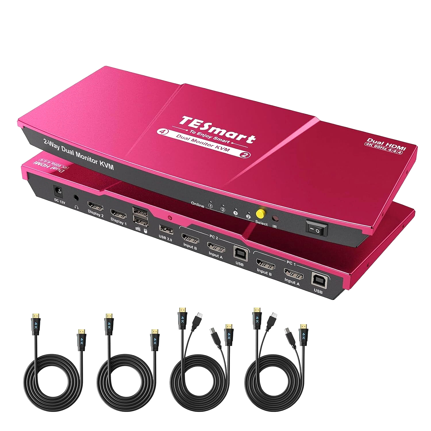 Dual Monitor HDMI KVM Switch – 2-Port, 4K@60Hz, EDID Emulator, USB 2.0, Hotkey