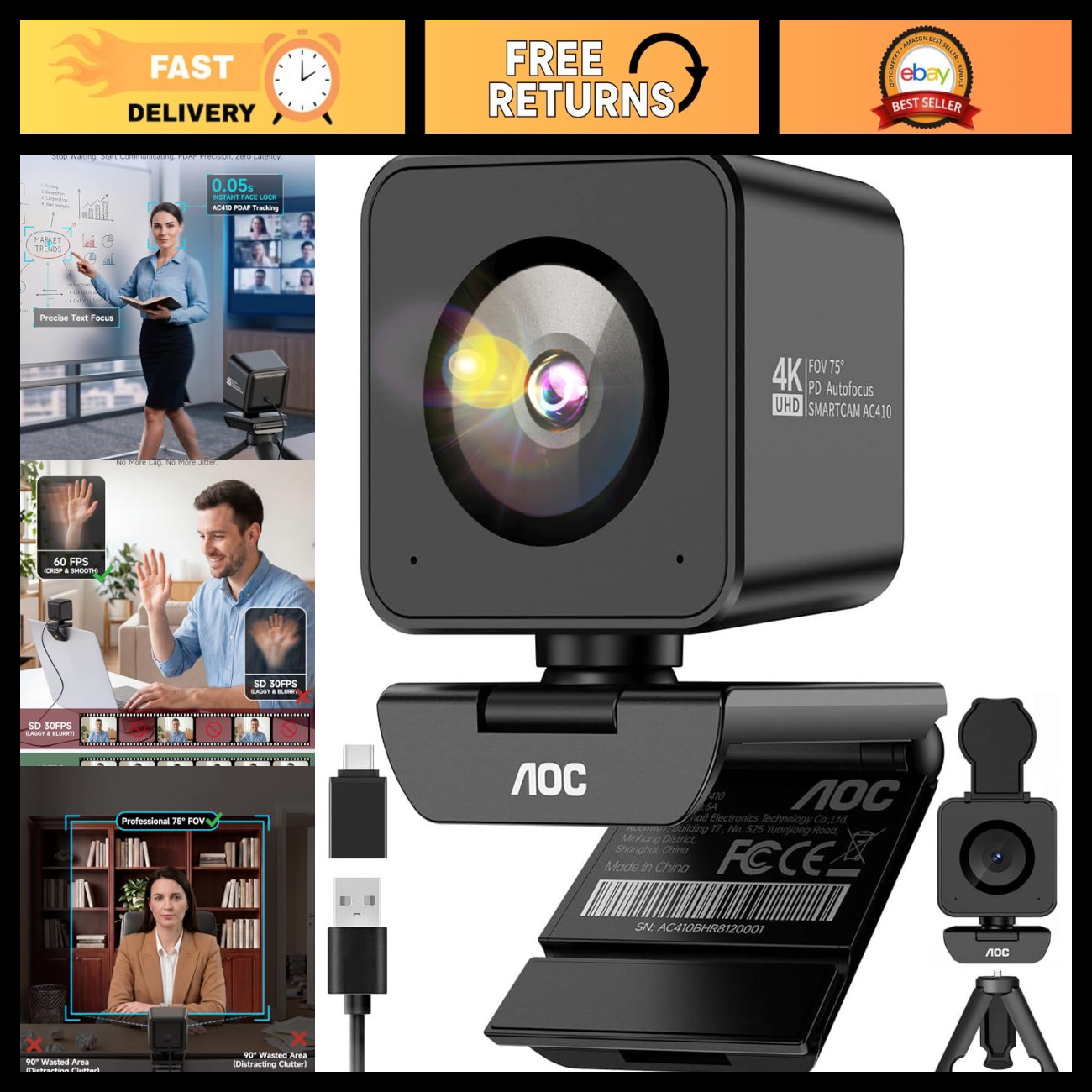 4K Streaming Webcam for PC, 1080P 60FPS, Sony Sensor, Fast Autofocus, HD Video