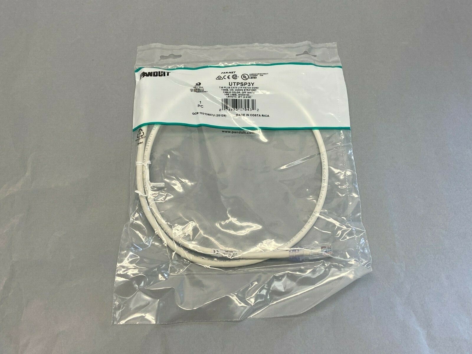 Panduit UTPSP3Y TX6 Plus CAT6 UTP Patch Cord Off White 3' FEET 