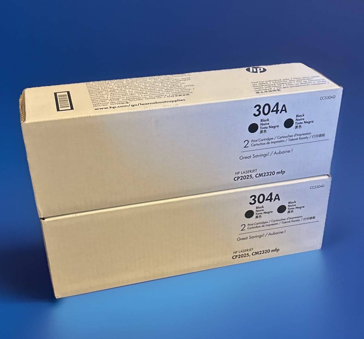 Lot Of 2 OEM HP LaserJet 304A CC530AD Black Toner Print Cartridge - NEW in Box