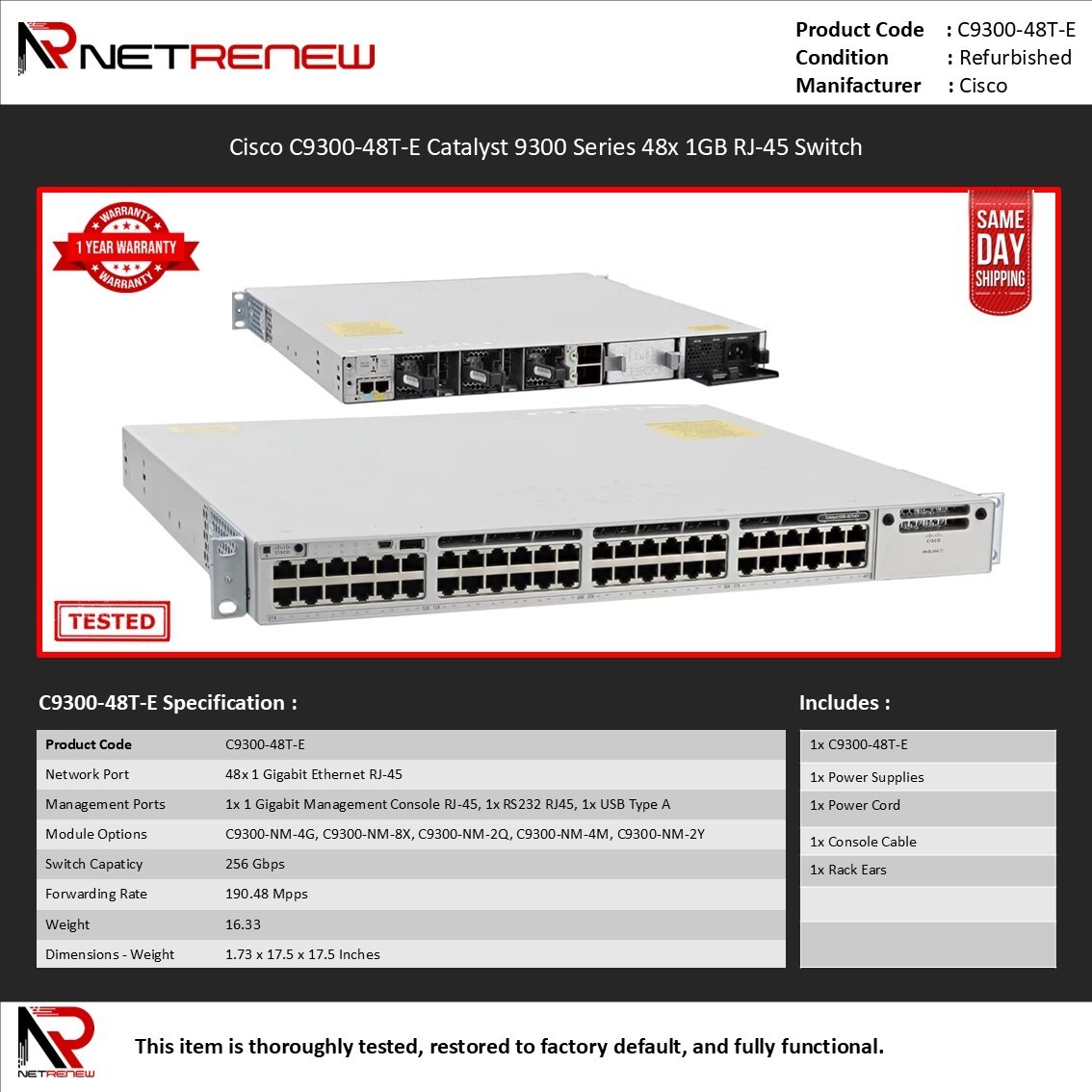 Cisco C9300-48T-E Catalyst 9300 Series 48x 1GB RJ-45 Switch