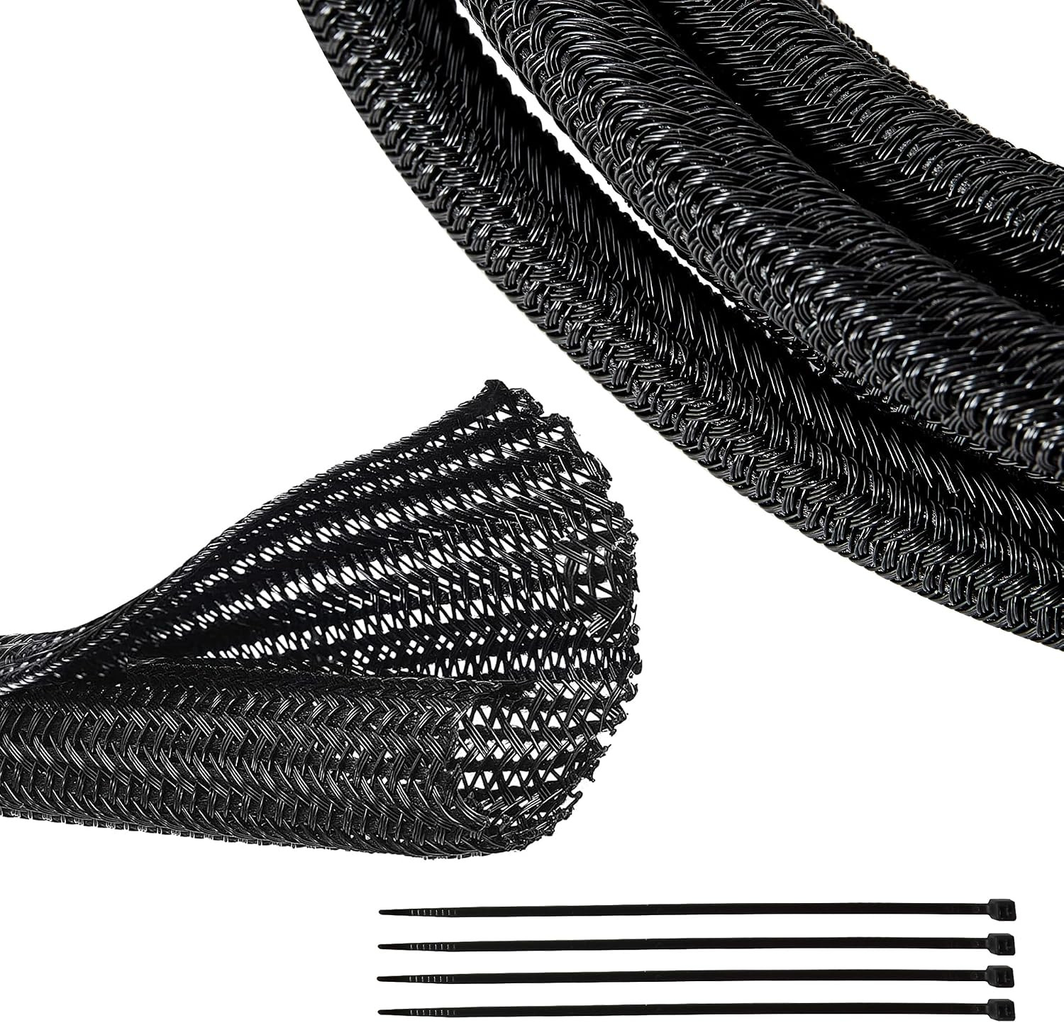 Braided Wire Cable Sleeve Split Wiring Sleeving 10 Feet - 1/2" Flexible Self-...