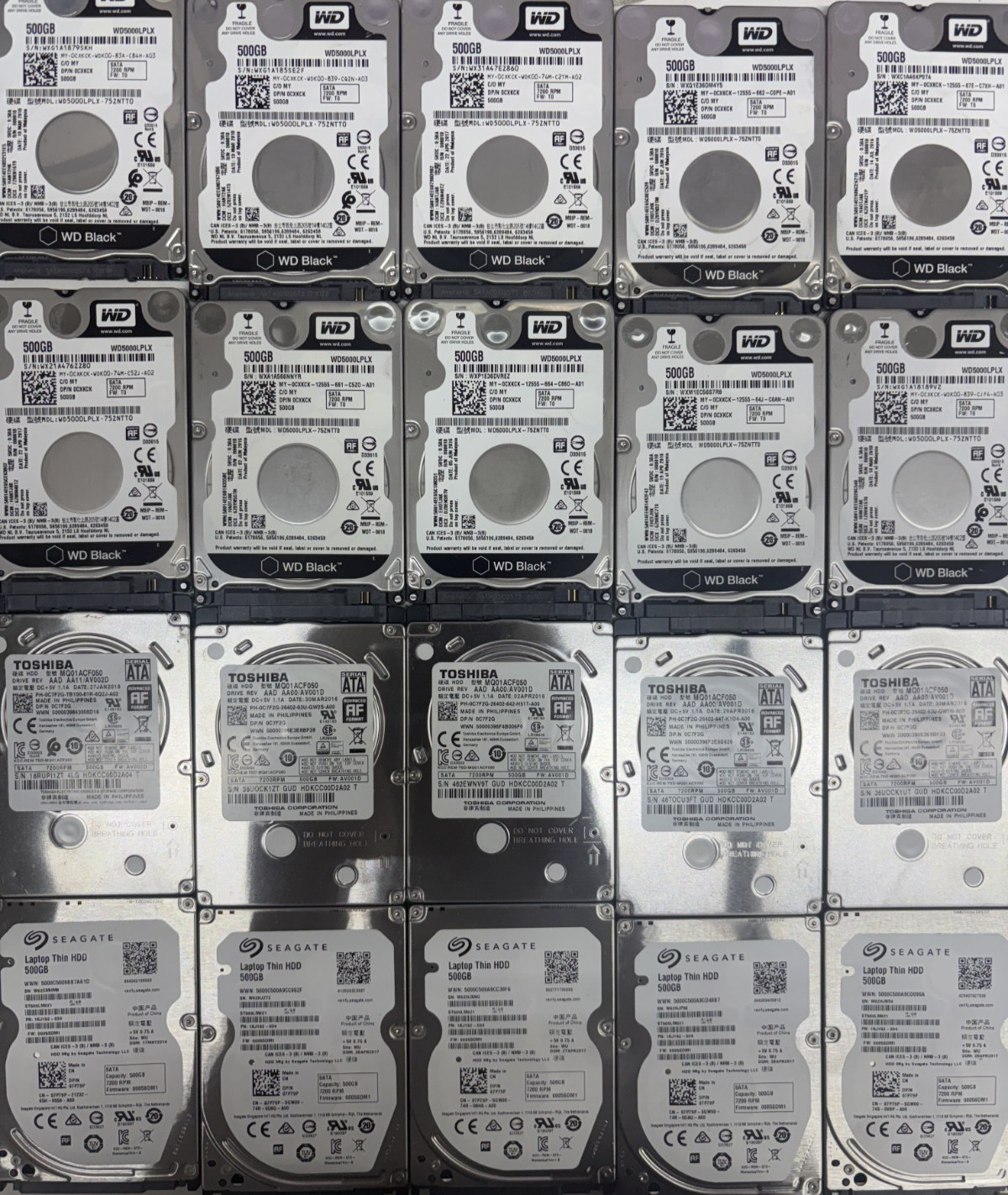 Lot of 20 -Mixed Brands 2.5 SATA Hard Drives HDD 500GB  7200rpm