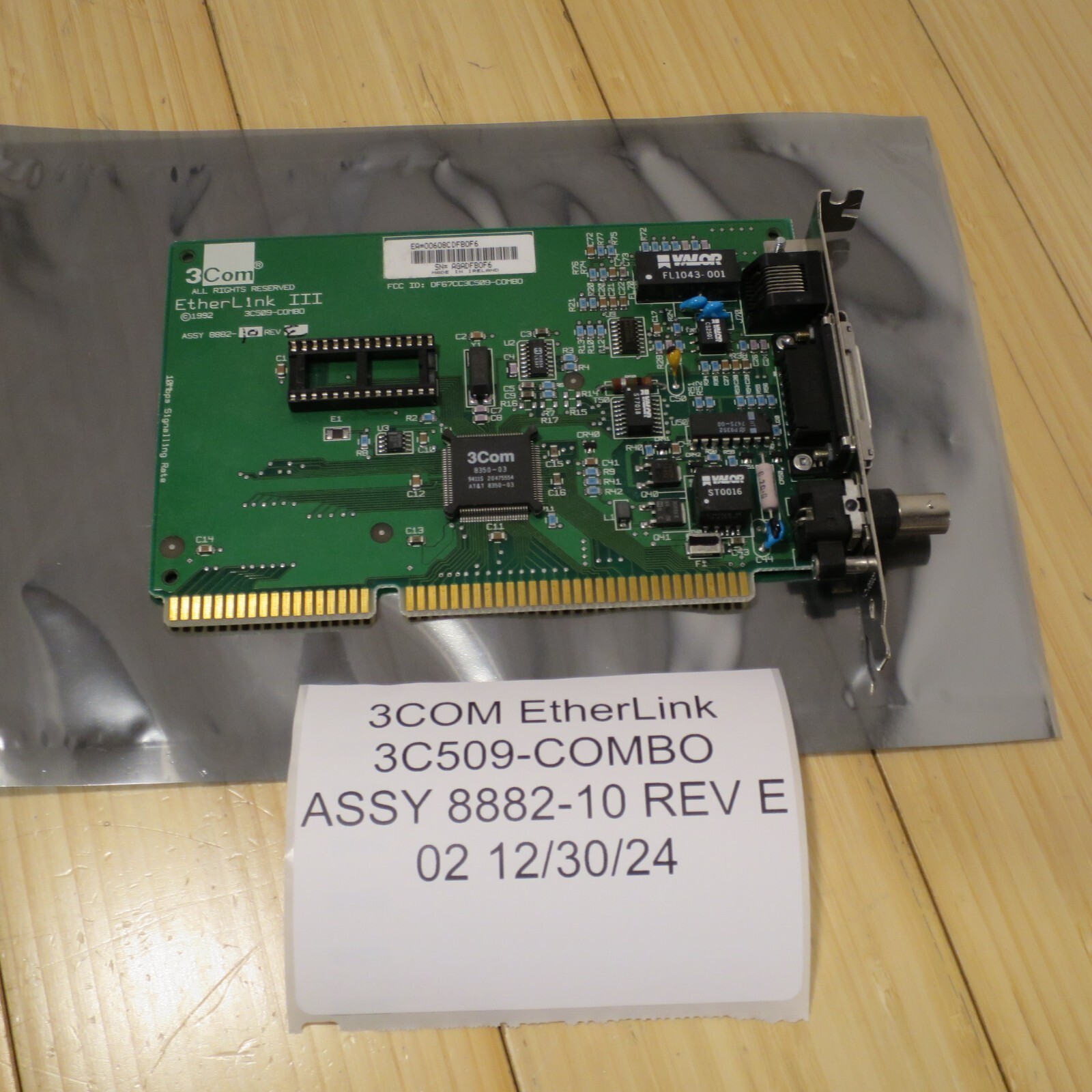1992 3Com ETHERLINK III 3C509-COMBO ISA ETHERNET RJ45 COAX DA15 8882-10 REV E