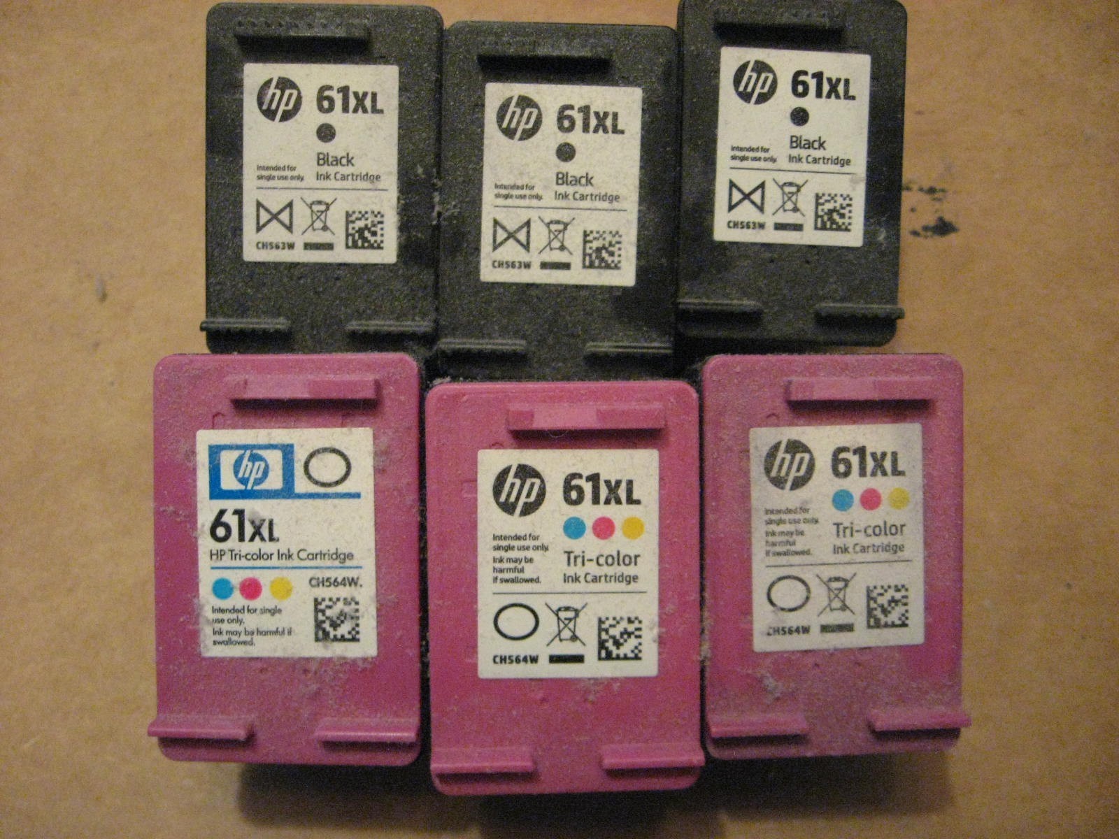 6 of Virgin Empty # 61 HP Ink cartridges  3 tri color  XL & 3 Black XL