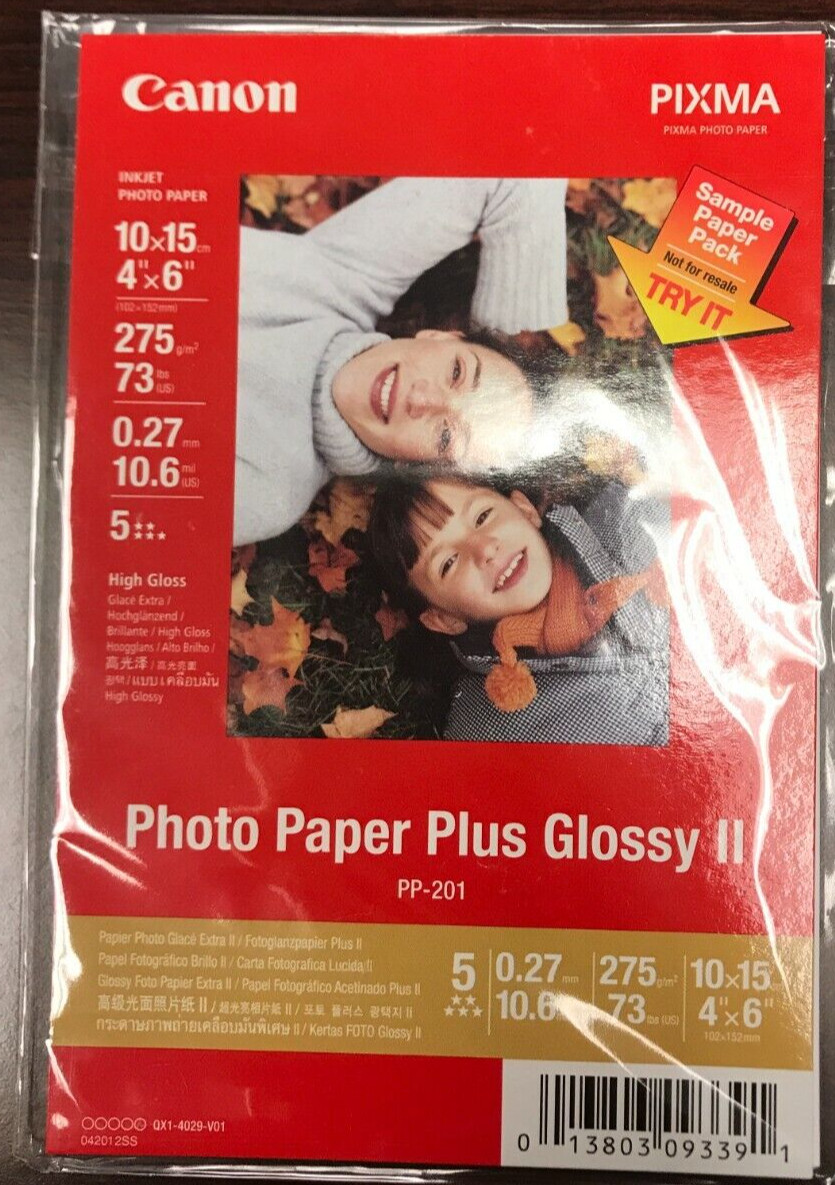 Canon PIXMA Inkjet Photo Paper Plus Glossy II, PP-201, 4''x6'', 5 Sheets 