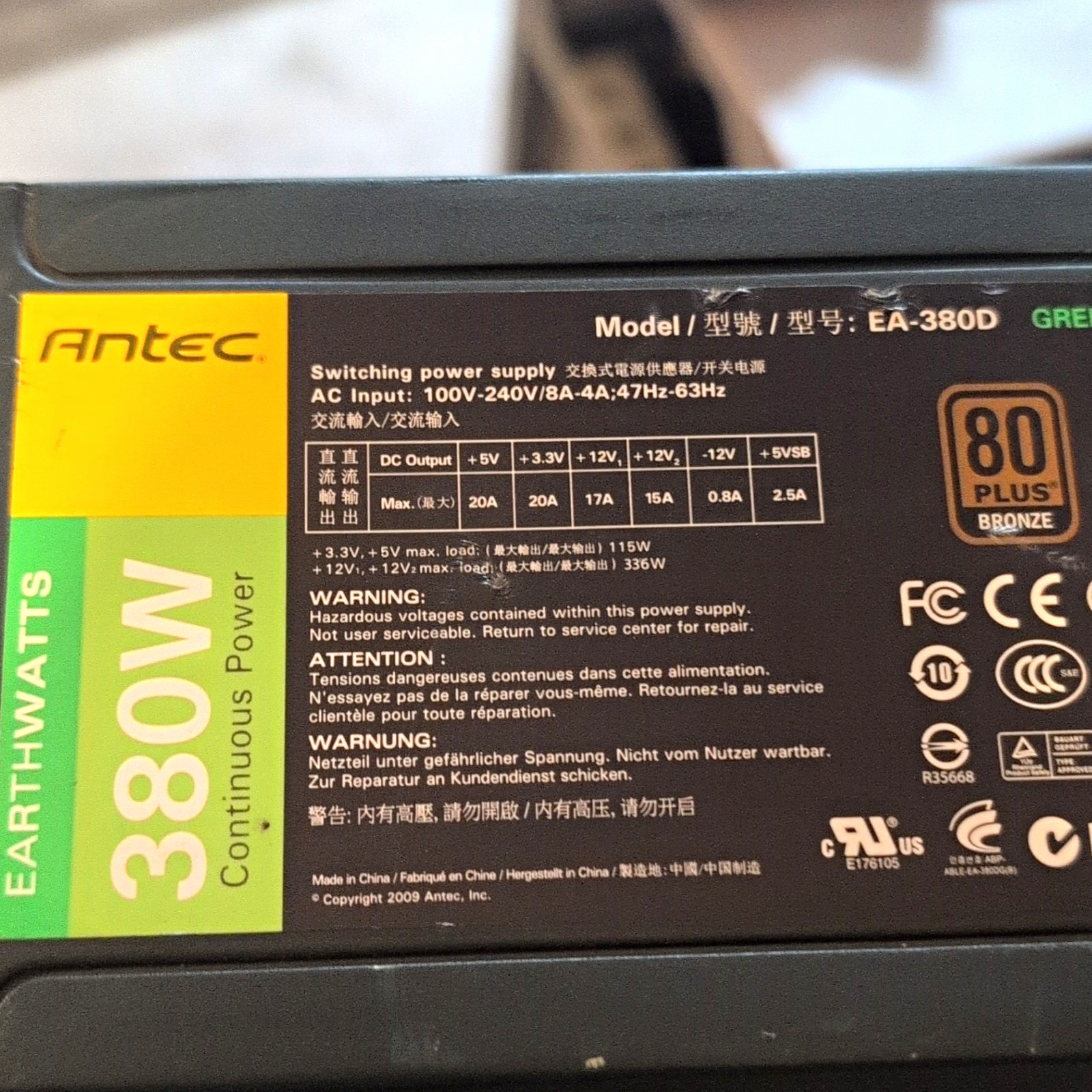 Antec EA-380D EarthWatts 380W ATX Power Supply 80+ Bronze SATA 20+4