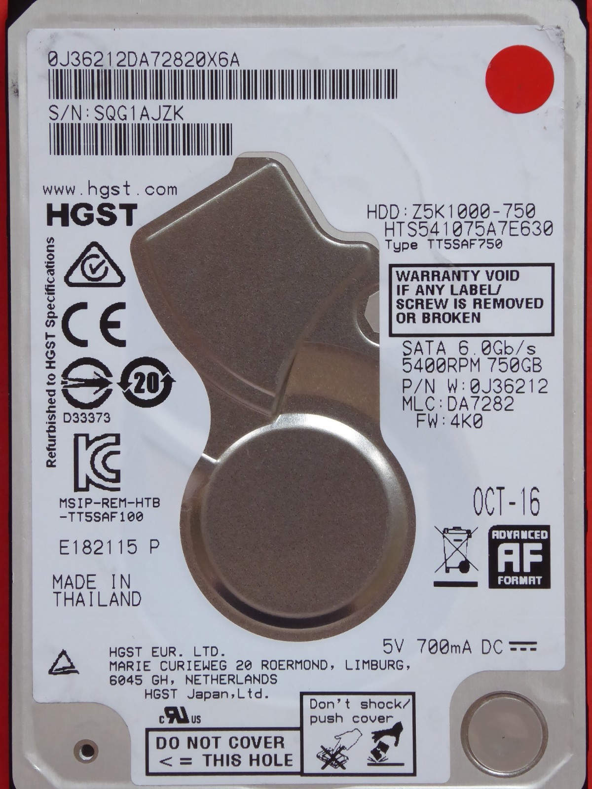 HGST HTS541075A7E630 | MLC: DA7282 | P/N: 0J36212 | OCT 2016 | 750GB #05