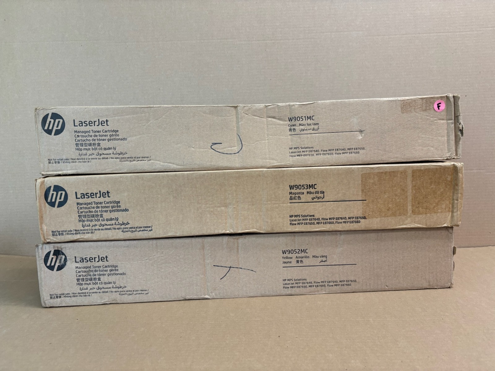 3 Genuine HP LJ MFP E87640,E87650 CMY Toners W9051MC,W9052MC,W9053MC