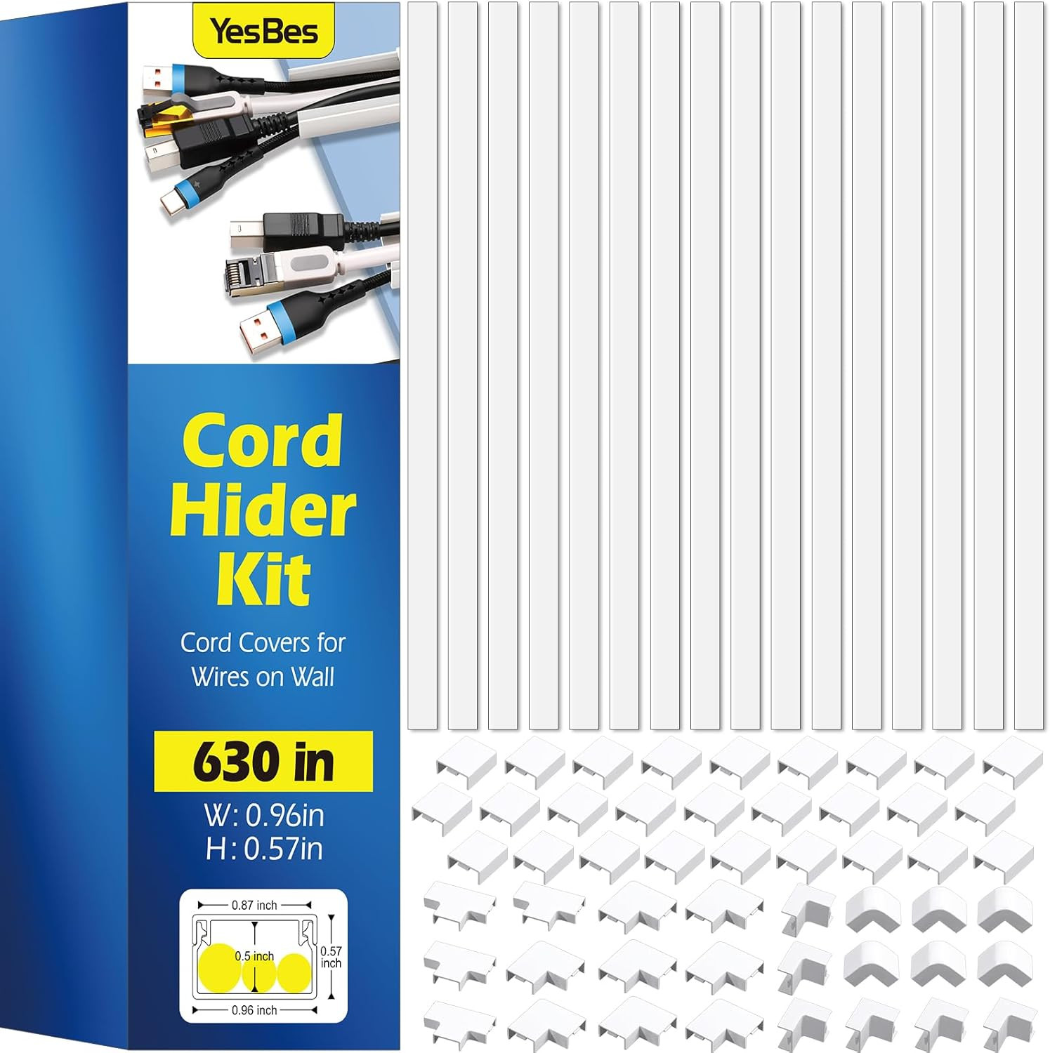 630in Cord Hider Kit, Paintable Cable Raceway, Cord Covers for Wires on Wall, Co