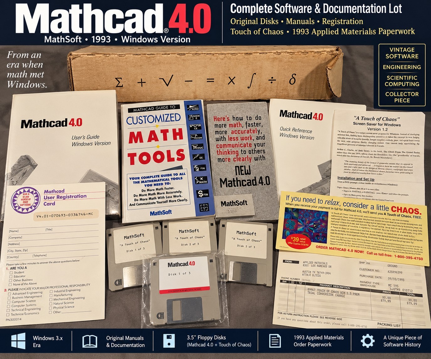 Mathcad 4.0 MathSoft 1993 Windows 3.5” Floppy Software Manuals + Touch of Chaos