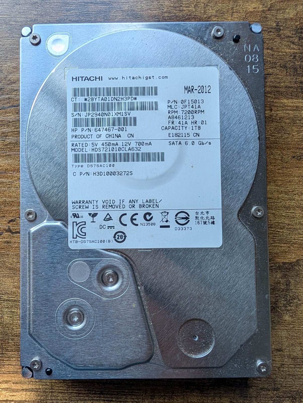 Hitachi 0F15013  HP 1TB 7.2K SATA 3.5" HDD Desktop Hard Disk Drive 647467-001