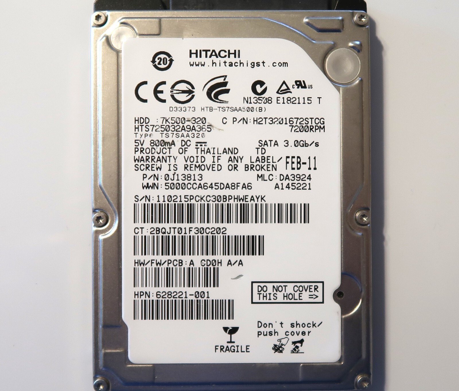 HTS725032A9A365 PN: 0J13813 MLC: DA4215 (11021) Thailand 320gb 2.5" Sata 02/2011