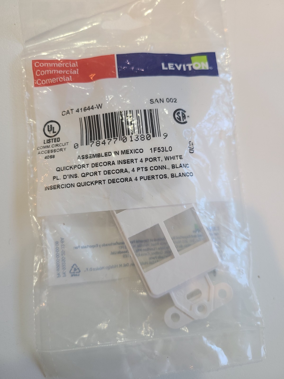 Leviton 41644-W Multimedia Insert 1-Gang 4-Port Decora QuickPort White Box of 20