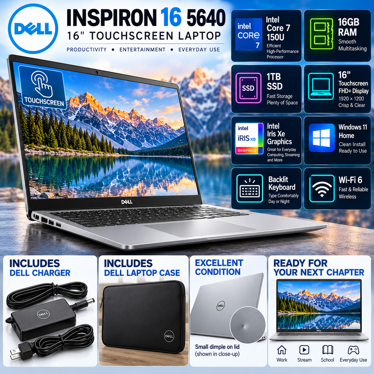 Dell Inspiron 16 5640 Core 7 150U 16GB RAM 1TB SSD Windows 11 Touchscreen Wrty