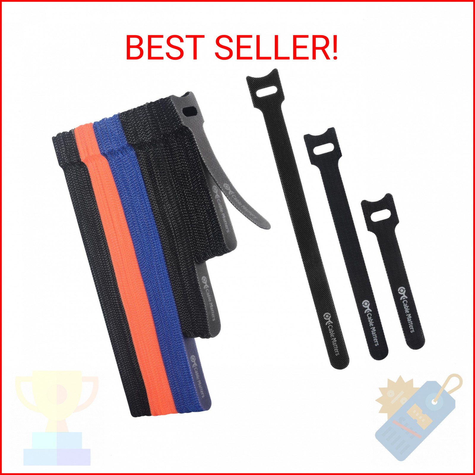 Cable Matters 100-Pack Hook-and-Loop Reusable Cable Ties, Sizes 4", 6", 8" with