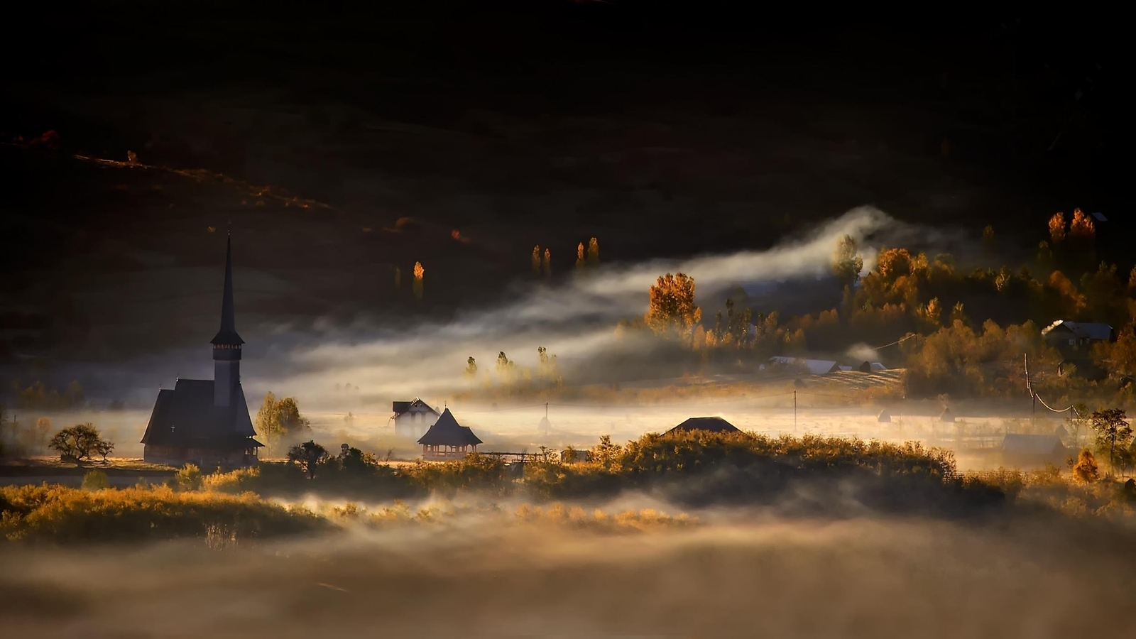 Landscape nature mist morning village trees church fall Custom Gaming Mat Desk