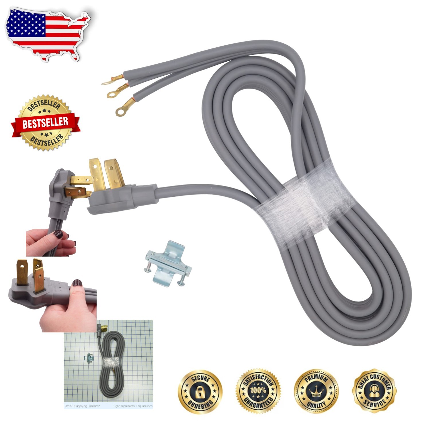 Heavy Duty 50A 250V 10ft 3 Prong Range Power Cord | 120" Durable Wire