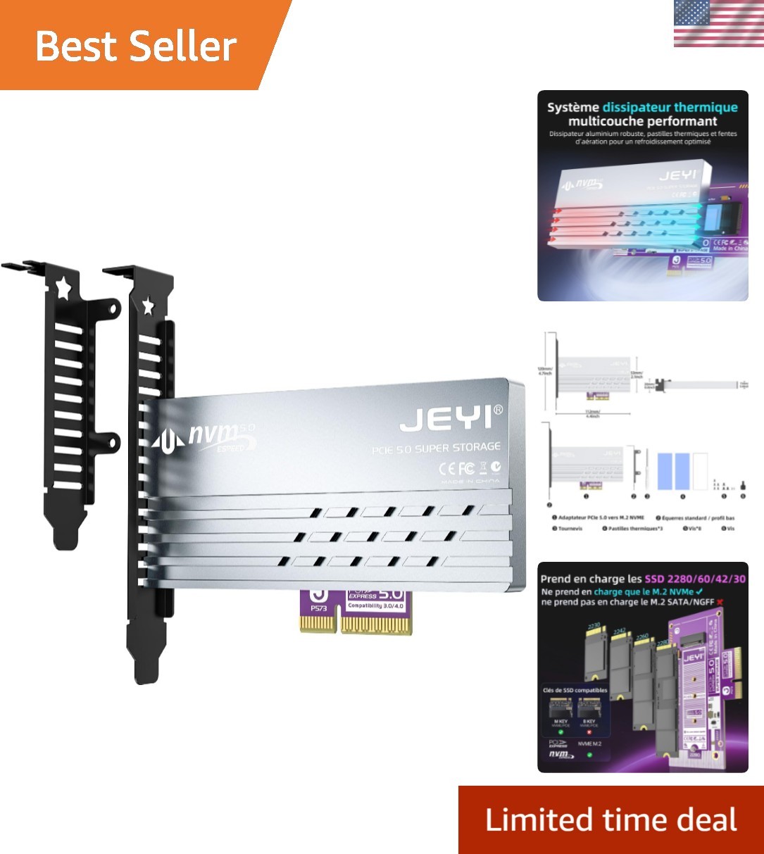 PCIe 5.0 4X to M.2 NVMe Adapter Card, Gen 5 128Gbps, Heatsink
