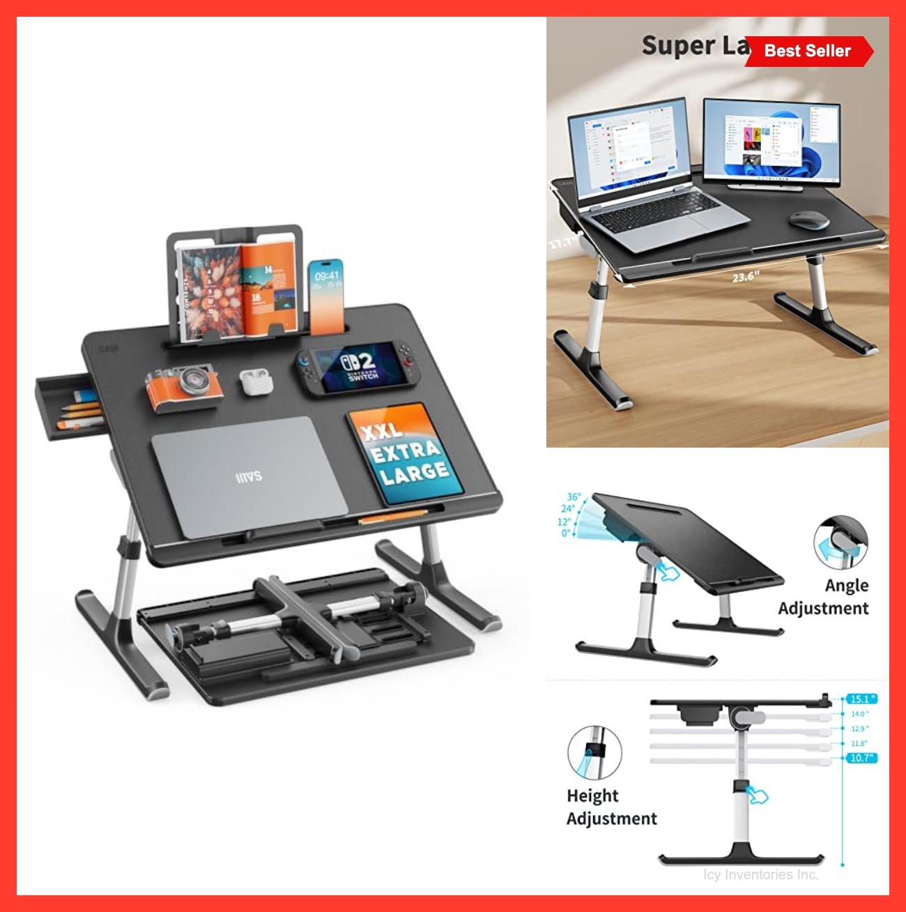 Lap Desk for Bed XXL Adjustable Laptop Table Foldable Stand Storage Drawer