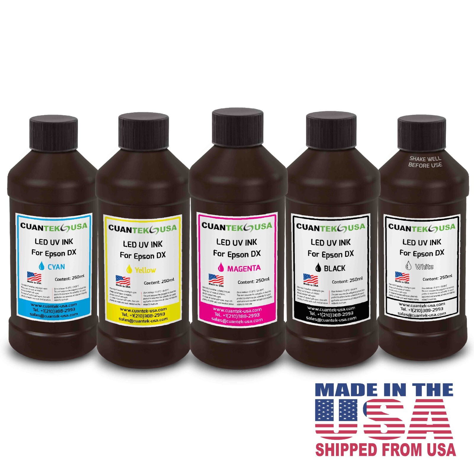 LED Curable UV Inks, 5 x 250ml for Epson DX5 XP600 i3200 L800 heads -MADE IN USA