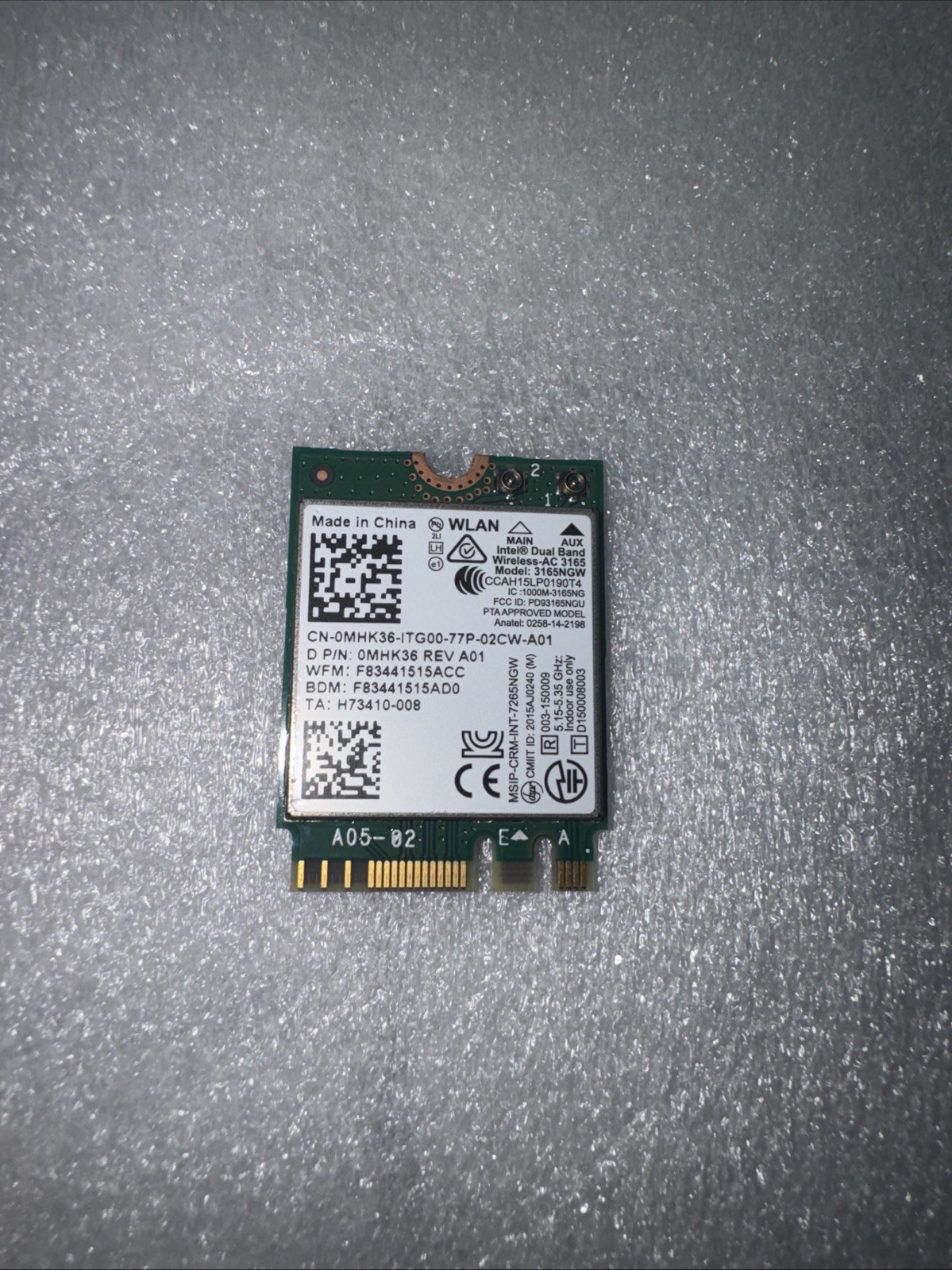 Intel CN-0MHK36-ITG00-77P-02CW-A01 WLAN Wifi Card 3165NGW