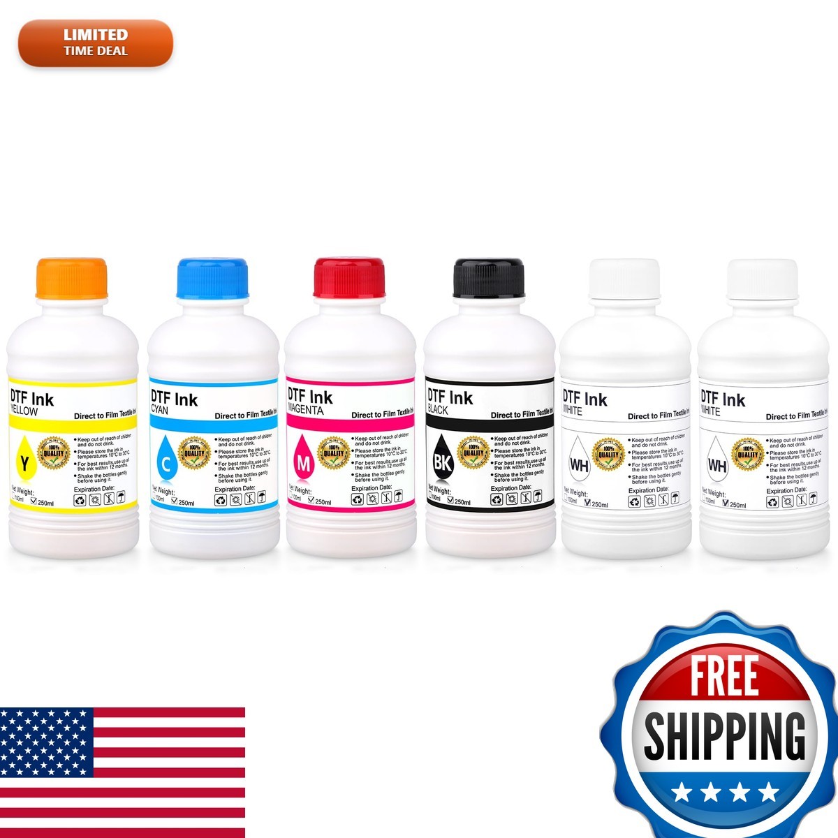 SAIBOYA DTF Ink 250ml Combo Pack (2*White+ Black Cyan Magenta Yellow) for L1800