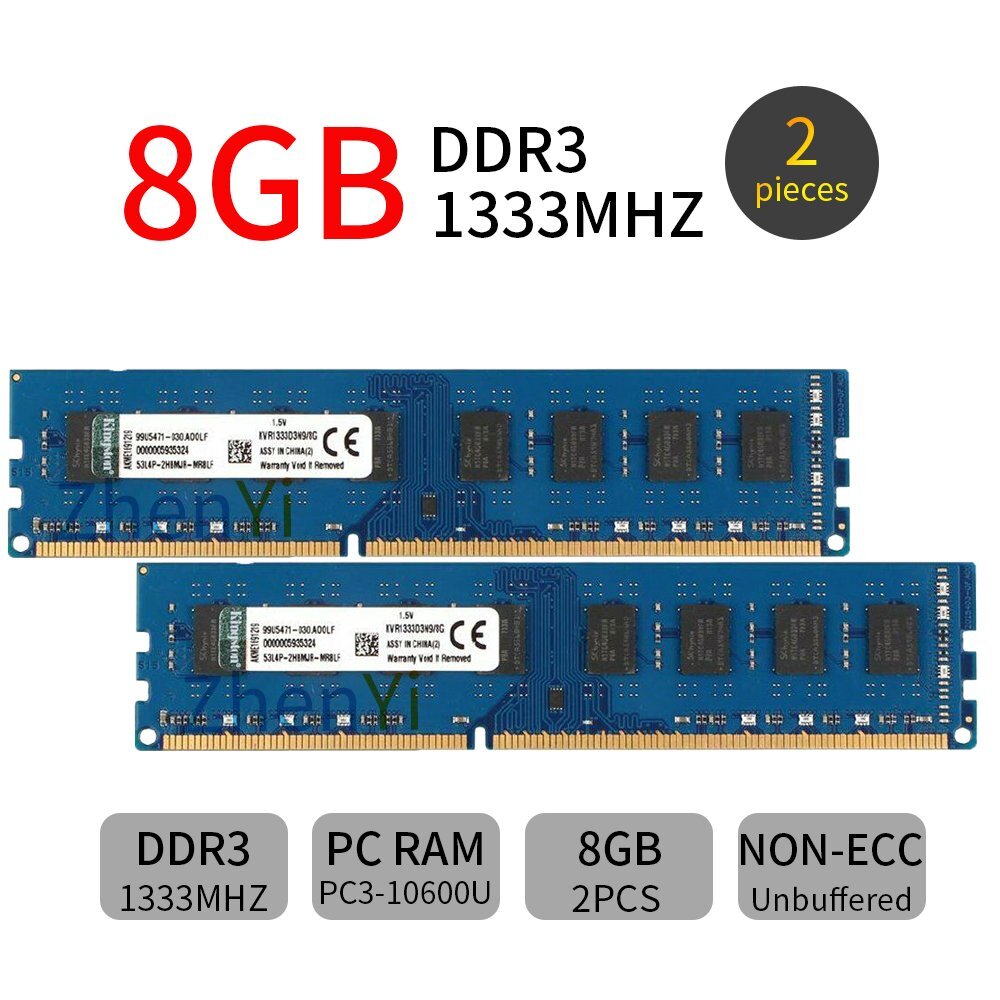 Kingston 16GB Kit 2x 8GB DDR3 1333Mhz PC3-10600U KVR1333D3N9/8G Desktop Memory