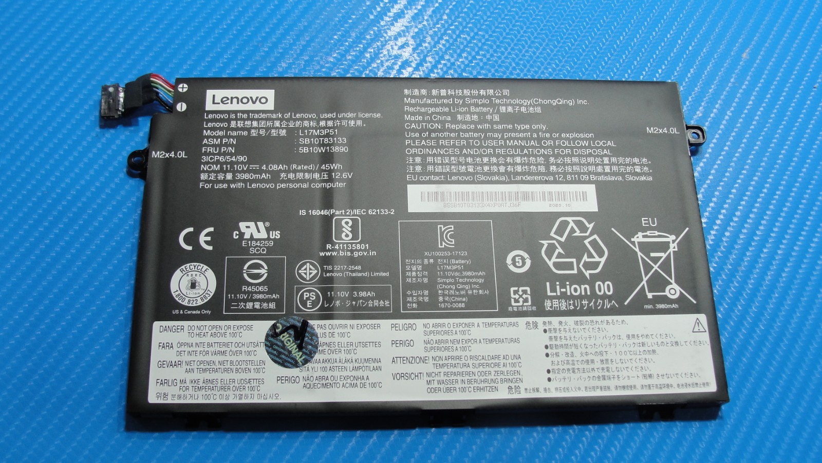 Lenovo ThinkPad 14” E14 Gen 1 Battery 11.10V 45Wh 4080mAh L17M3P51 5B10W13890