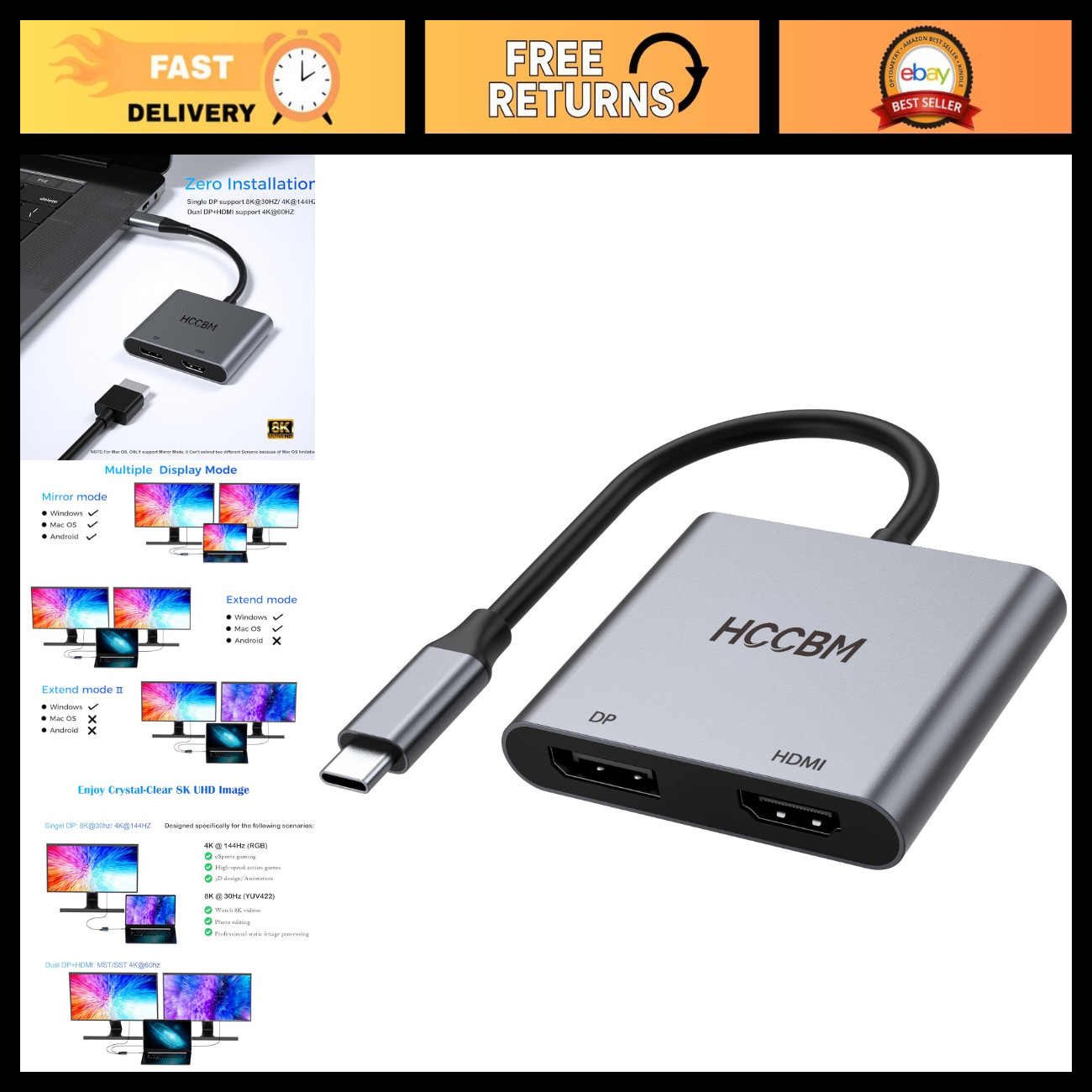 8K USB C to DisplayPort & HDMI Adapter, Dual Monitor Hub for Laptops, 4K@60Hz