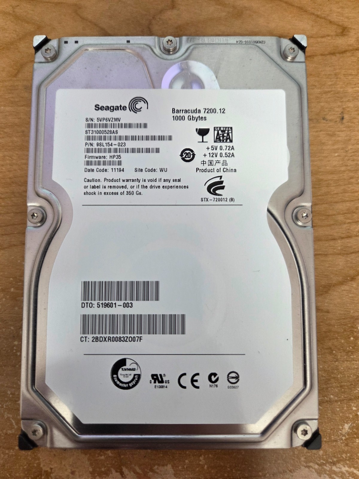 Seagate ST31000528AS 9SL154-023 HP35 (5VP) WU China 3.5" 1TB Sata HDD NOV/2010