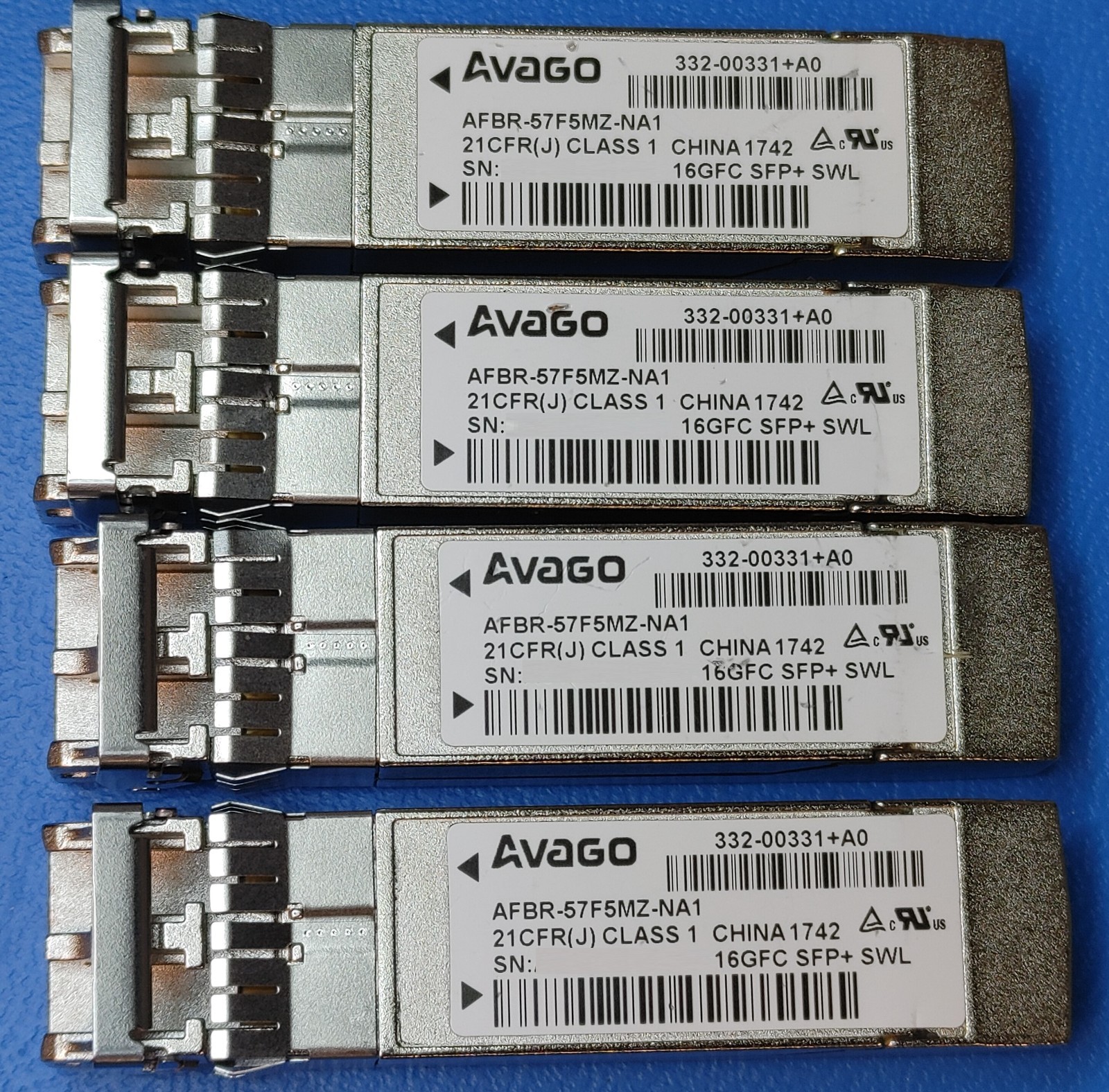 LOT of 4 Avago AFBR-57F5MZ-NA1 16Gb  SFP+ 850nm MMF LC Optical Transceiver