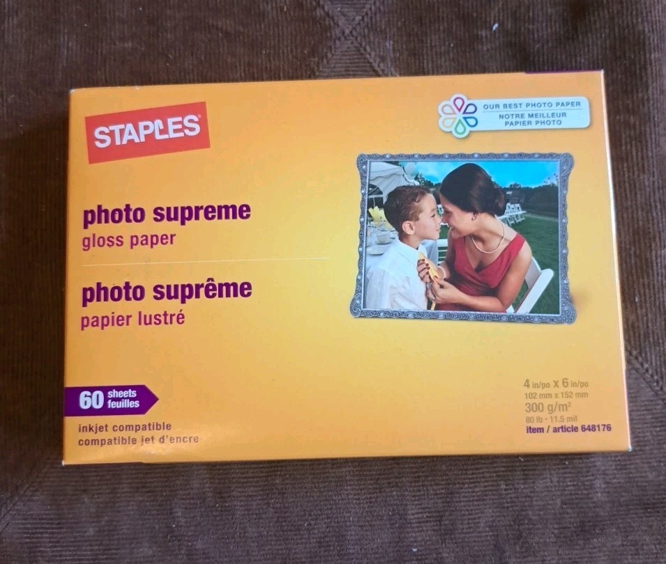 Staples Photo Supreme Gloss Paper 4X6  #1648176  Sealed Box-60 Sheets