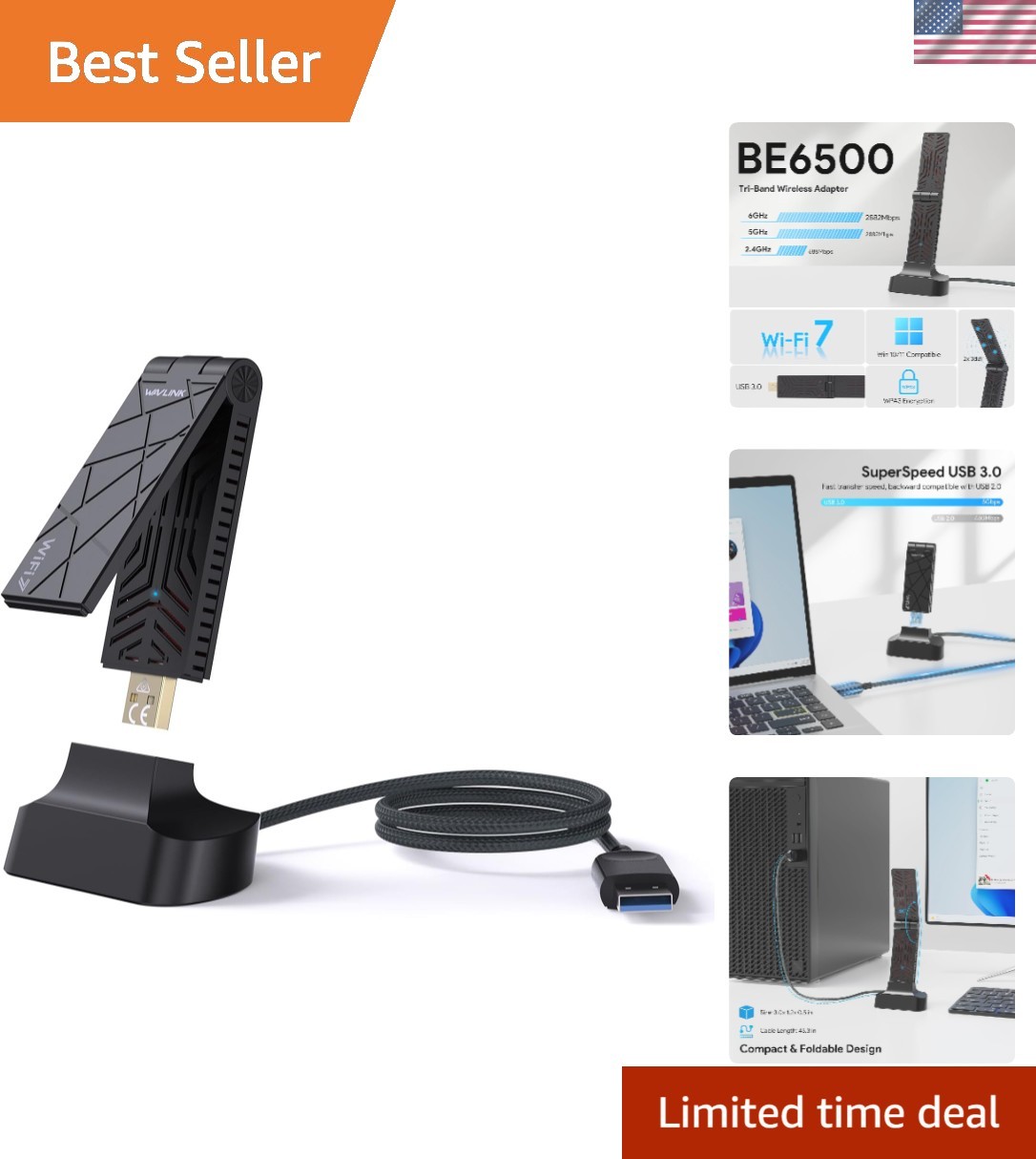 Ultra-Fast Tri-Band USB WiFi Adapter for Desktop & Laptop - WiFi 7 Ready