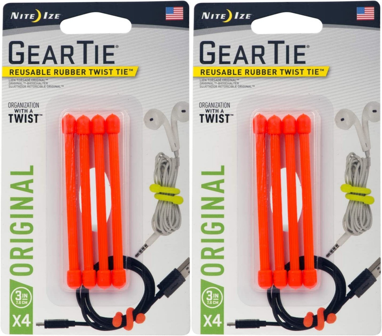 Nite Ize 4-Pack Gear Tie Reusable Rubber Twist Tie, 3" - Bright Orange (2-Pack)