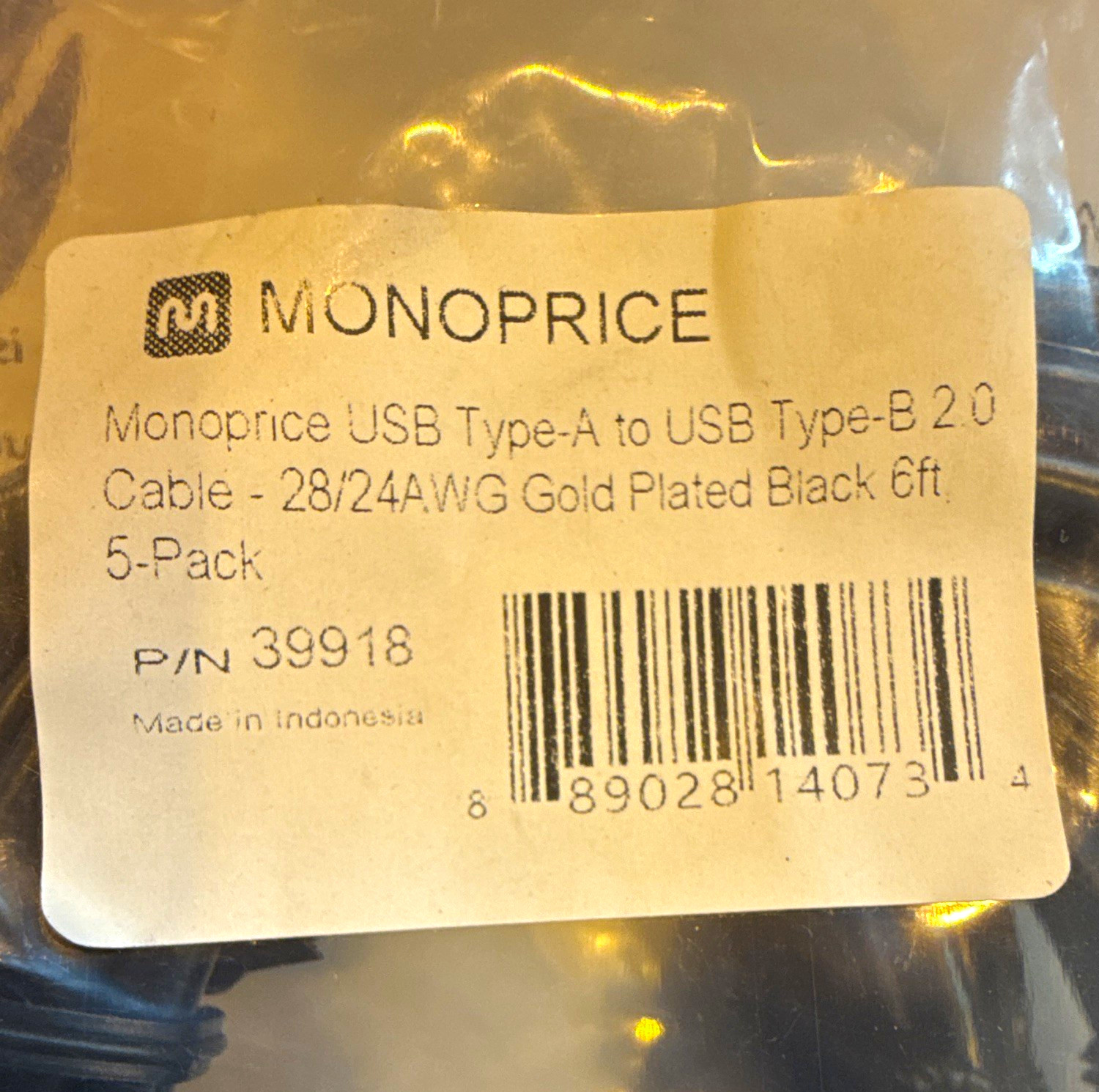 Monoprice USB 2.0 Cable USB Type-A Male to Type-B Male 6ft Black 5-Pack