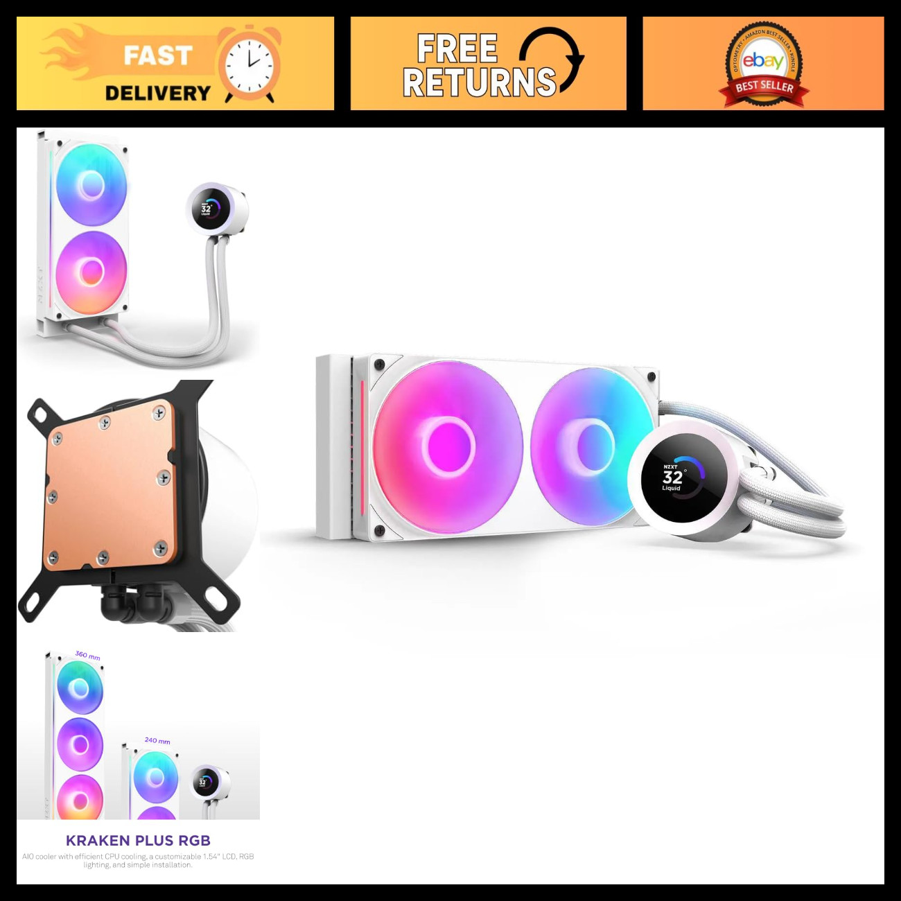 240mm AIO CPU Cooler with RGB Lighting & LCD Display - White Liquid Cooling Syst