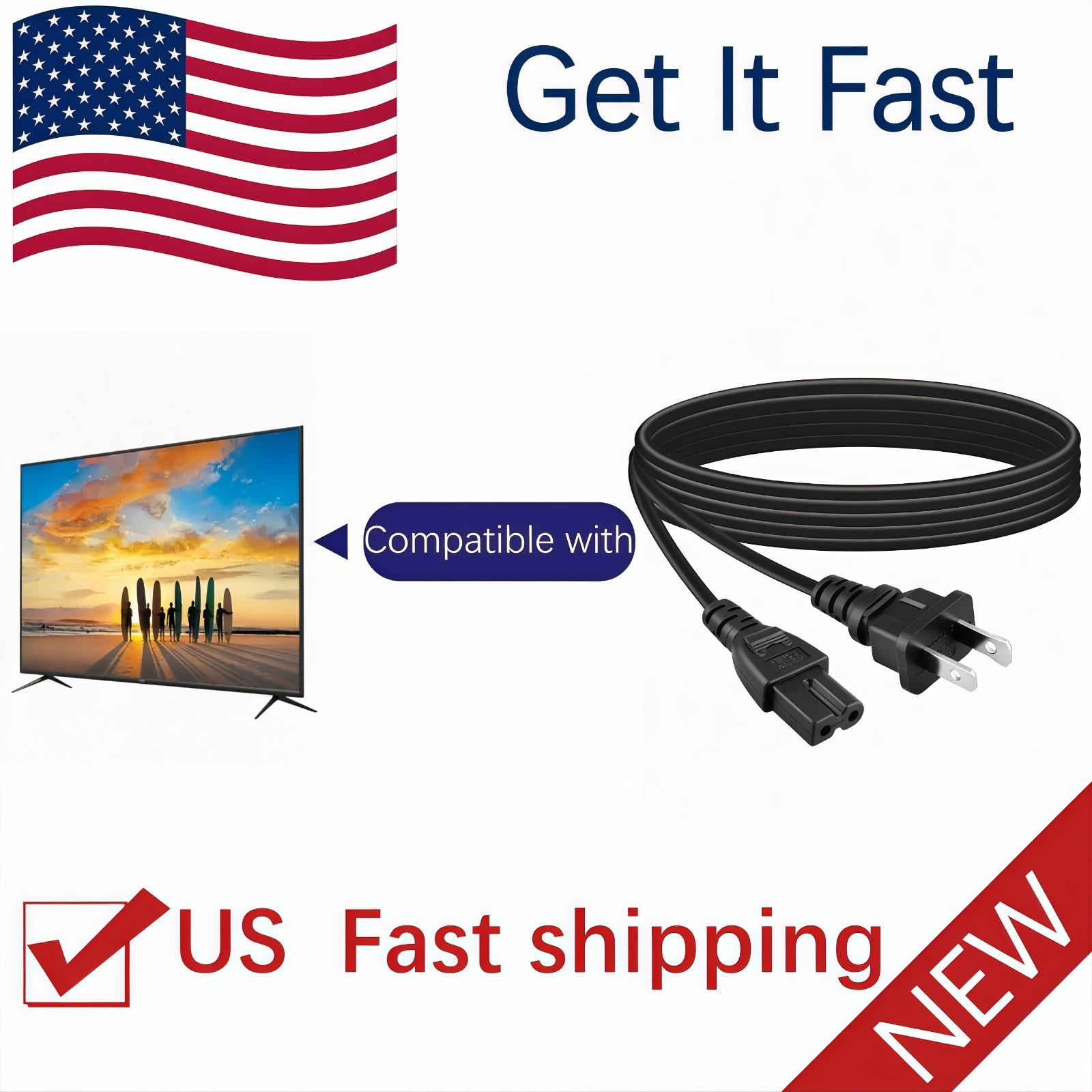 6ft AC Power Cord Cable for Vizio V655-G9 V656-G4 V705-G3 2-Prong Wire Lead