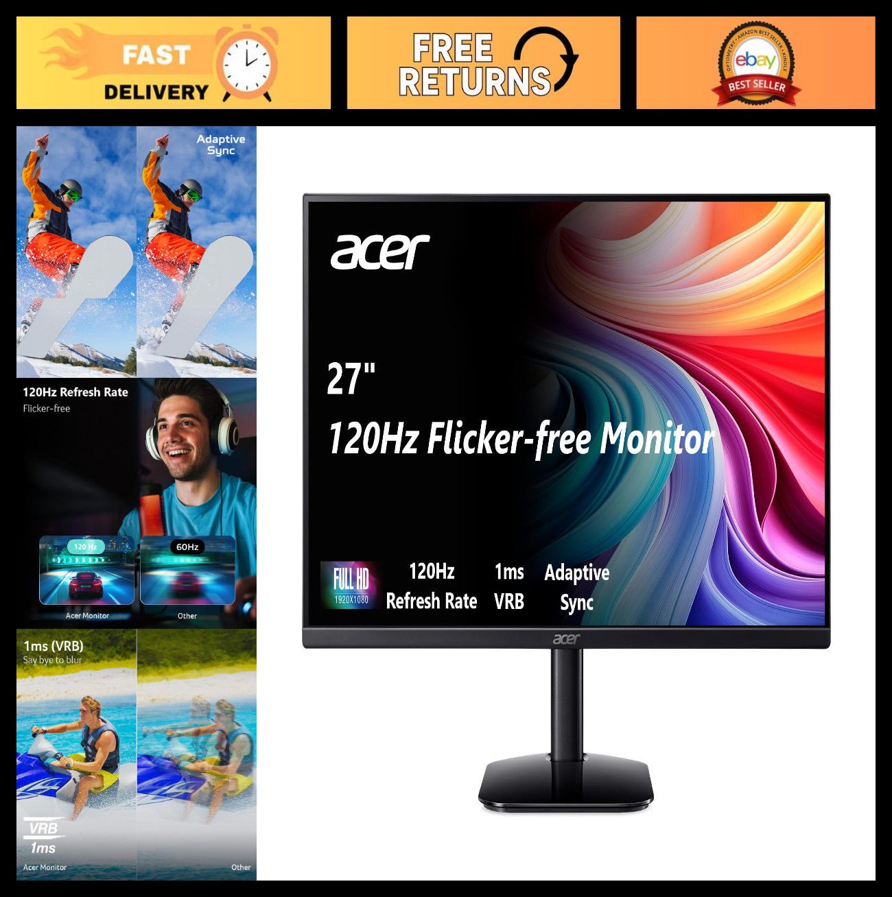 27" FHD 1920x1080 IPS 120Hz Gaming Monitor - Ultra-Slim, Fast Response, Office U