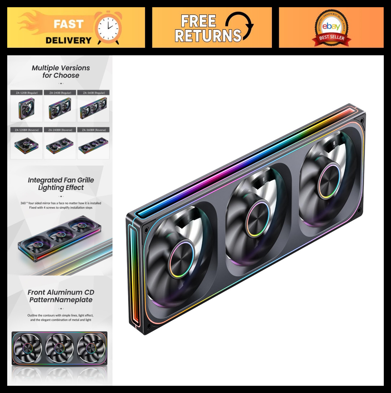 3-in-1 PC Case Fan with 3x120mm ARGB, PWM, Silent Operation, Infinity Mirror