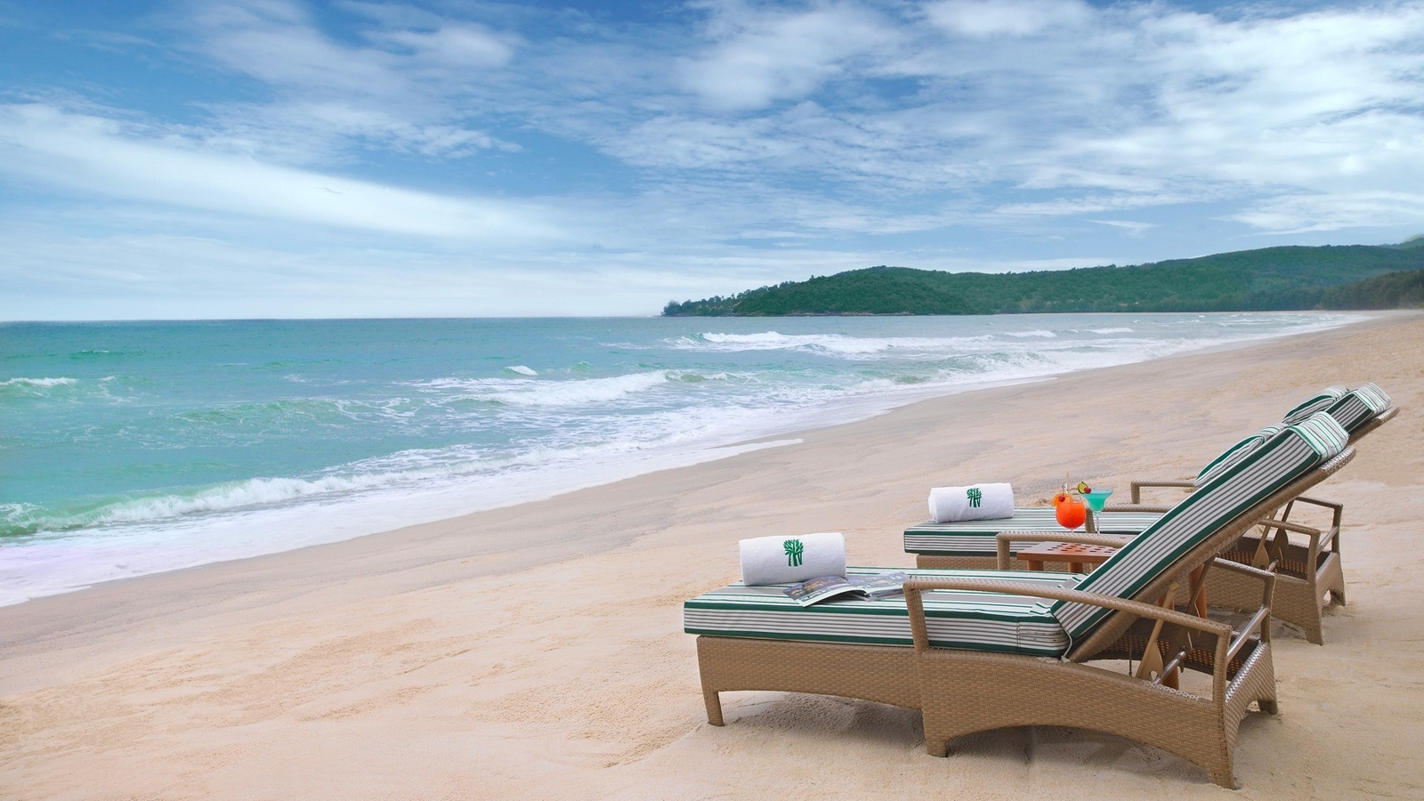 Landscape beach sand sea hills clouds chair drink summer Custom Gaming Mat Desk
