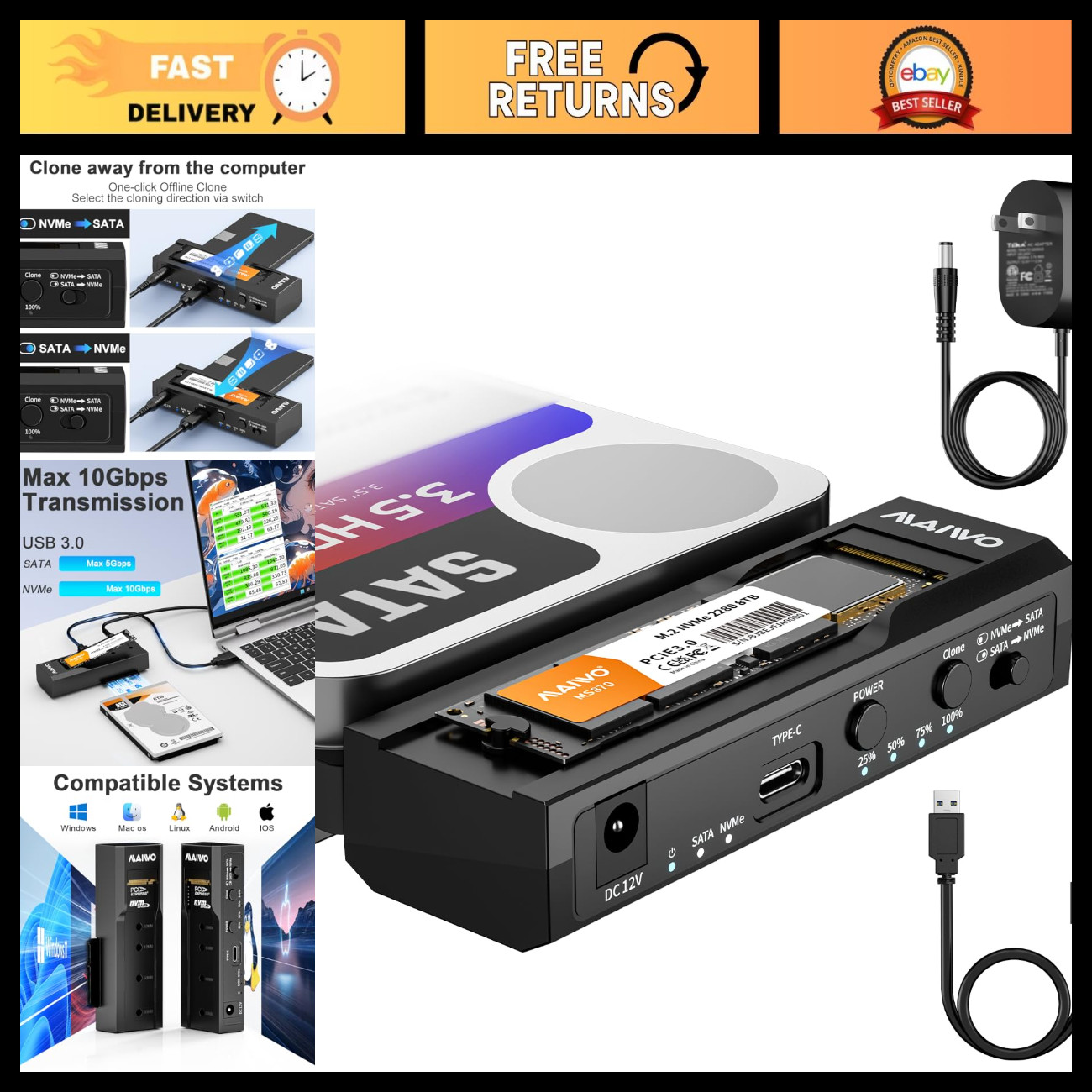 M.2 NVMe to 2.5''/3.5'' Offline Clone Enclosure, USB-C 10Gbps SSD/HDD Duplicator