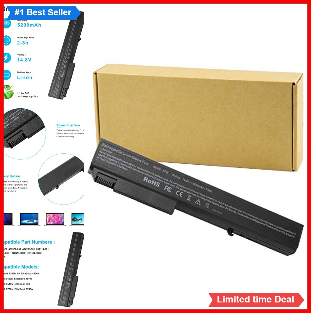 8 Cell Li-ion Laptop Battery 14.8V 5200mAh Rechargeable for HP EliteBook
