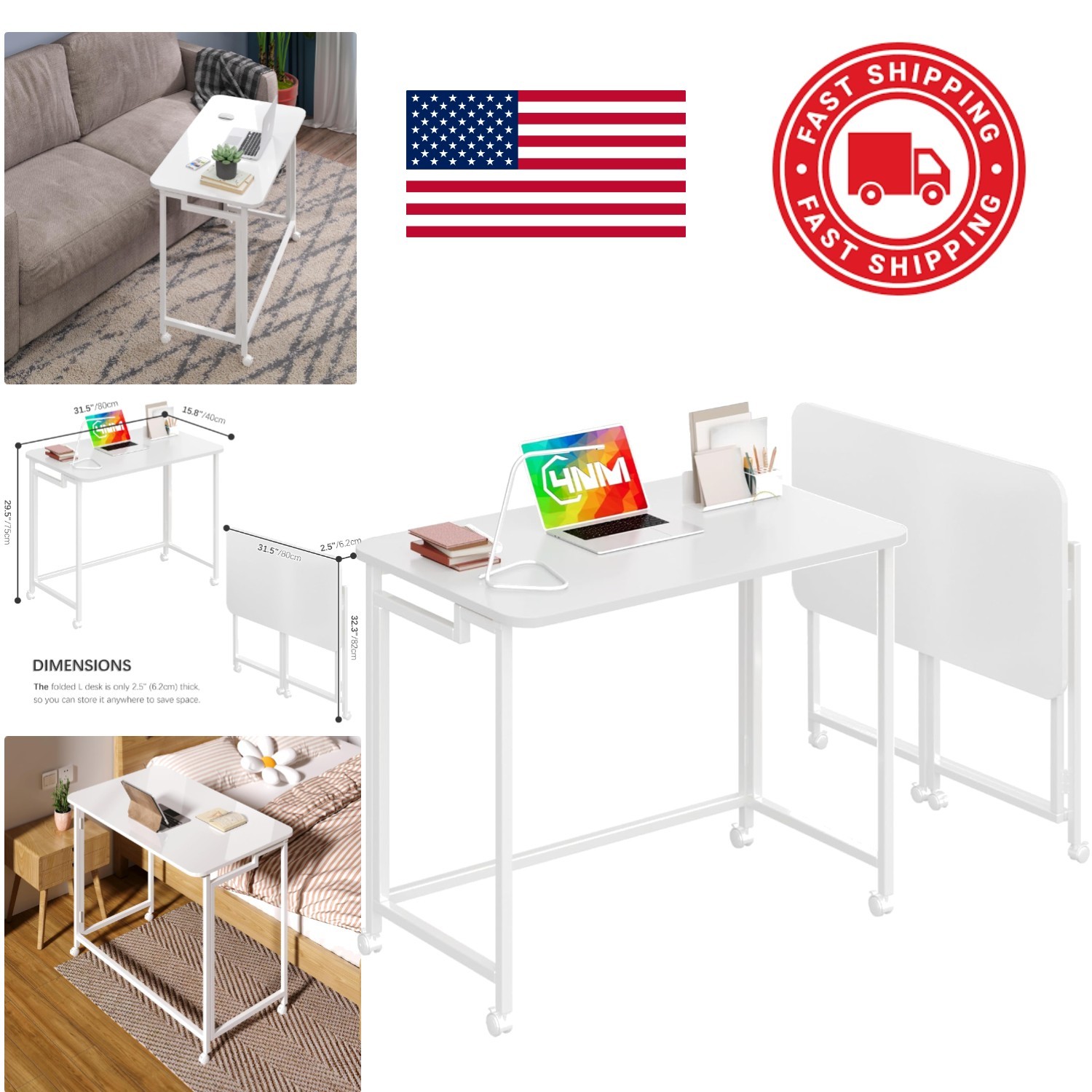 Compact Rolling Laptop Desk 31.5 Inch White Metal Frame Perfect for Small Spaces