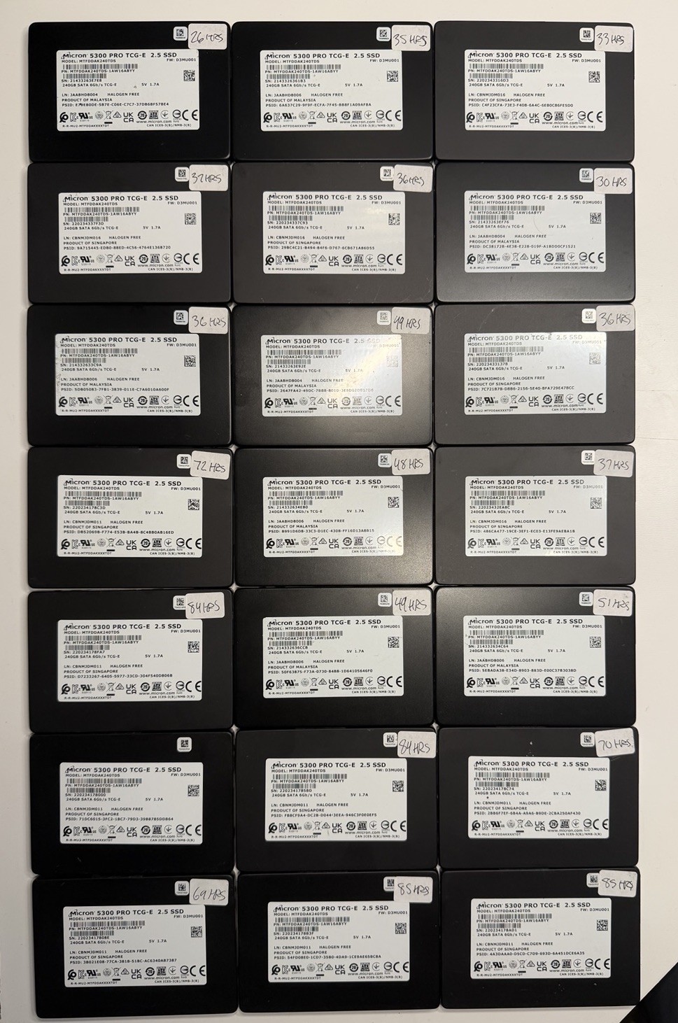 Lot Of 21x Micron 5300 PRO TCG-E 240GB SATA SSDs – Under 100 Hours – 100% Health