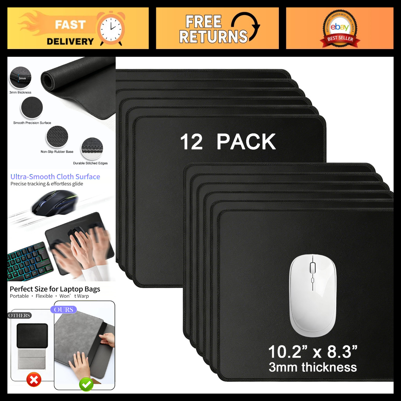 12 Pack Black Mouse Pads - Durable Desk Accessories for Office & School Use