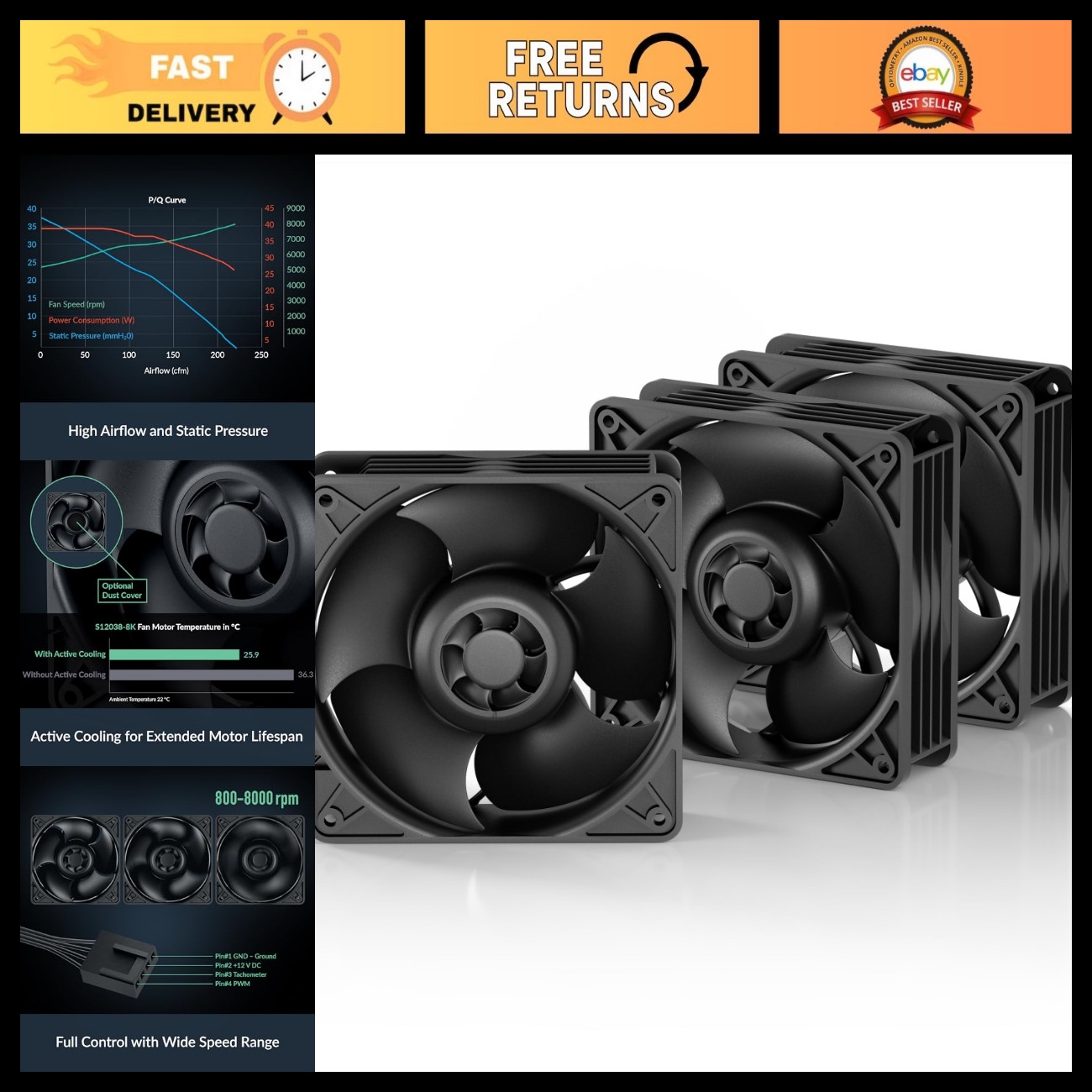 Pack of 3 High-Performance Electronic Fans for Servers & Desktops - Black