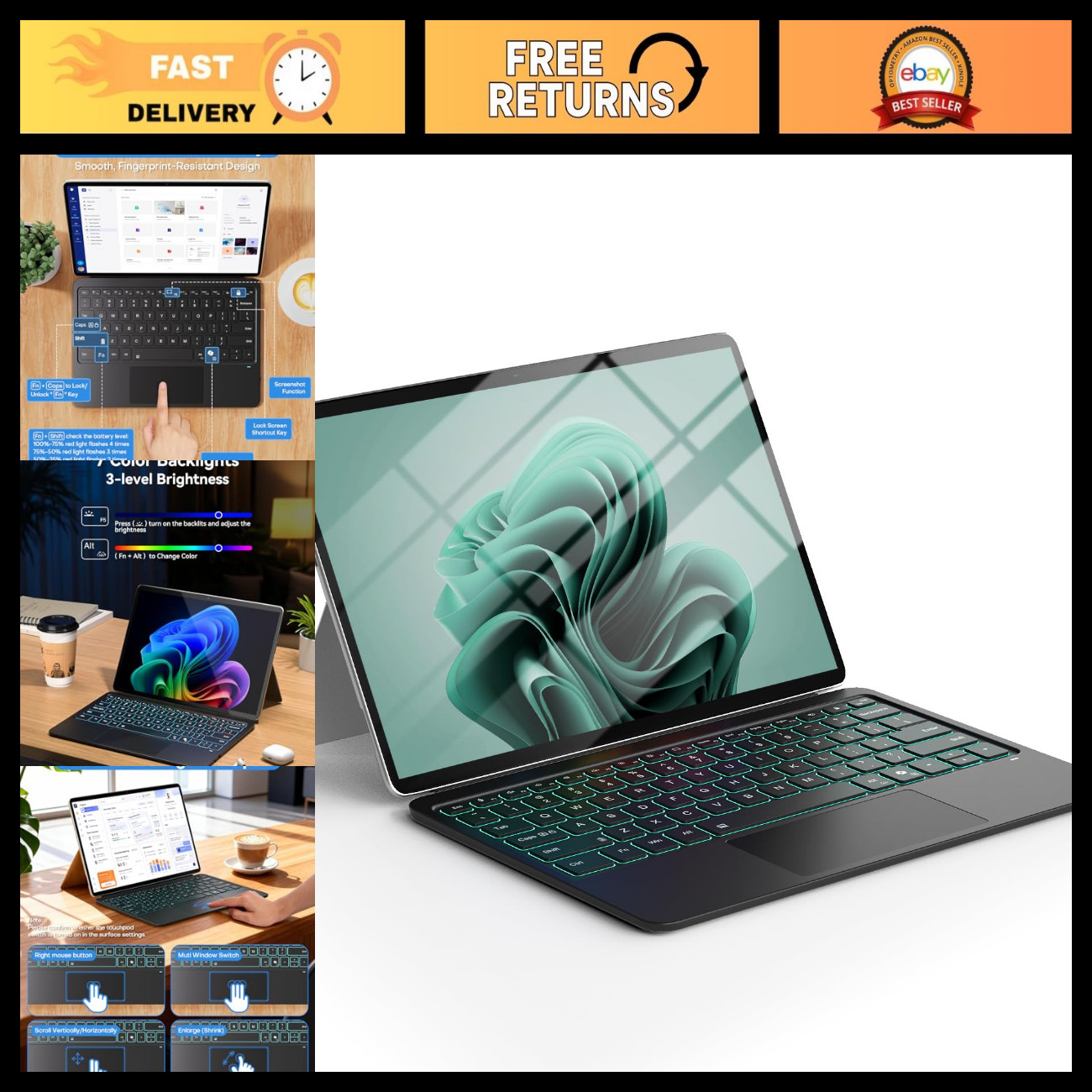 Wireless Backlit Keyboard for 12" Surface Pro - 7 Color LED, Slim & Portable