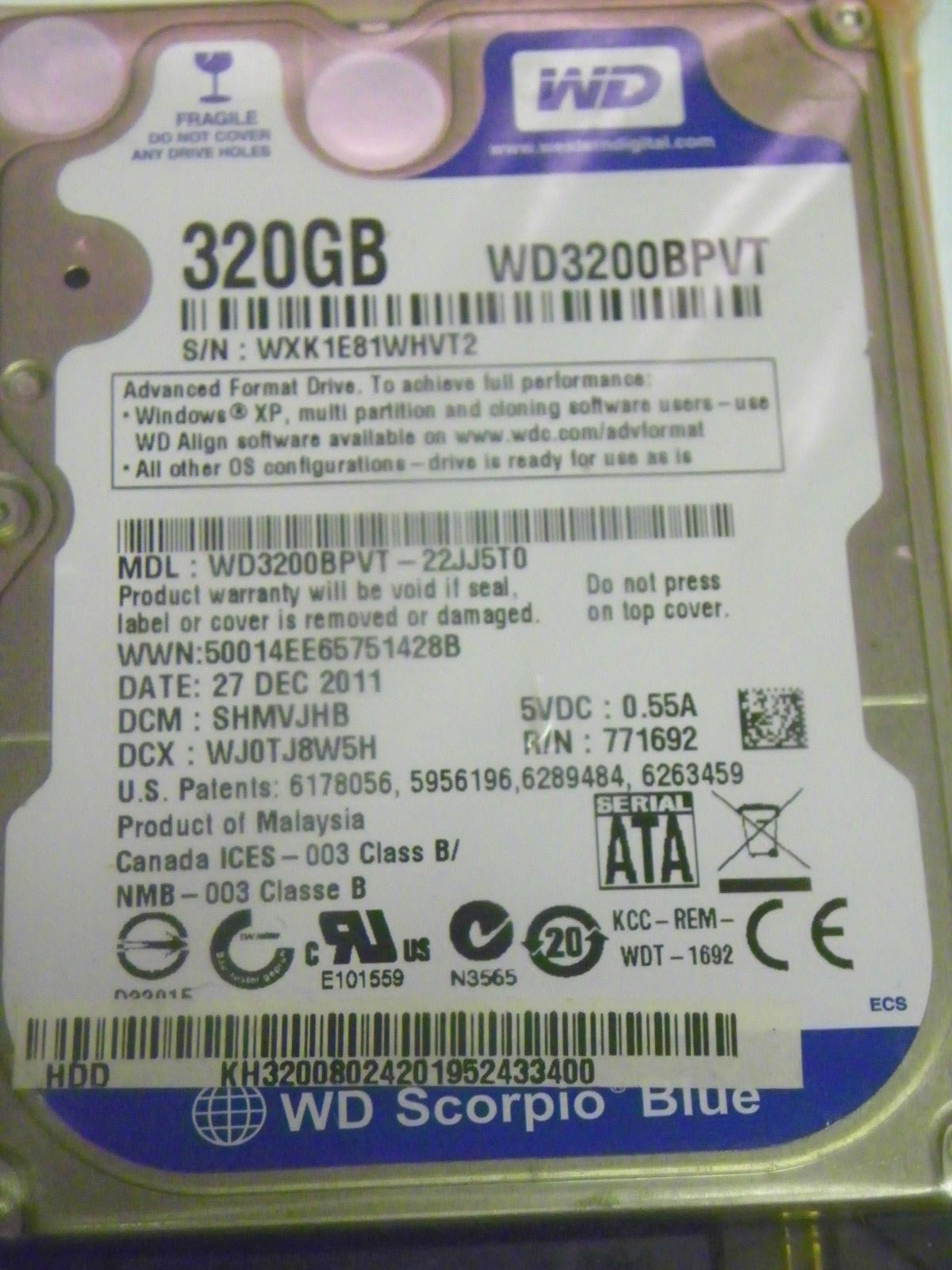 Western Digital WD3200BPVT-22JJ5T0 Laptop 320GB 2.5" SATA Hard Drive