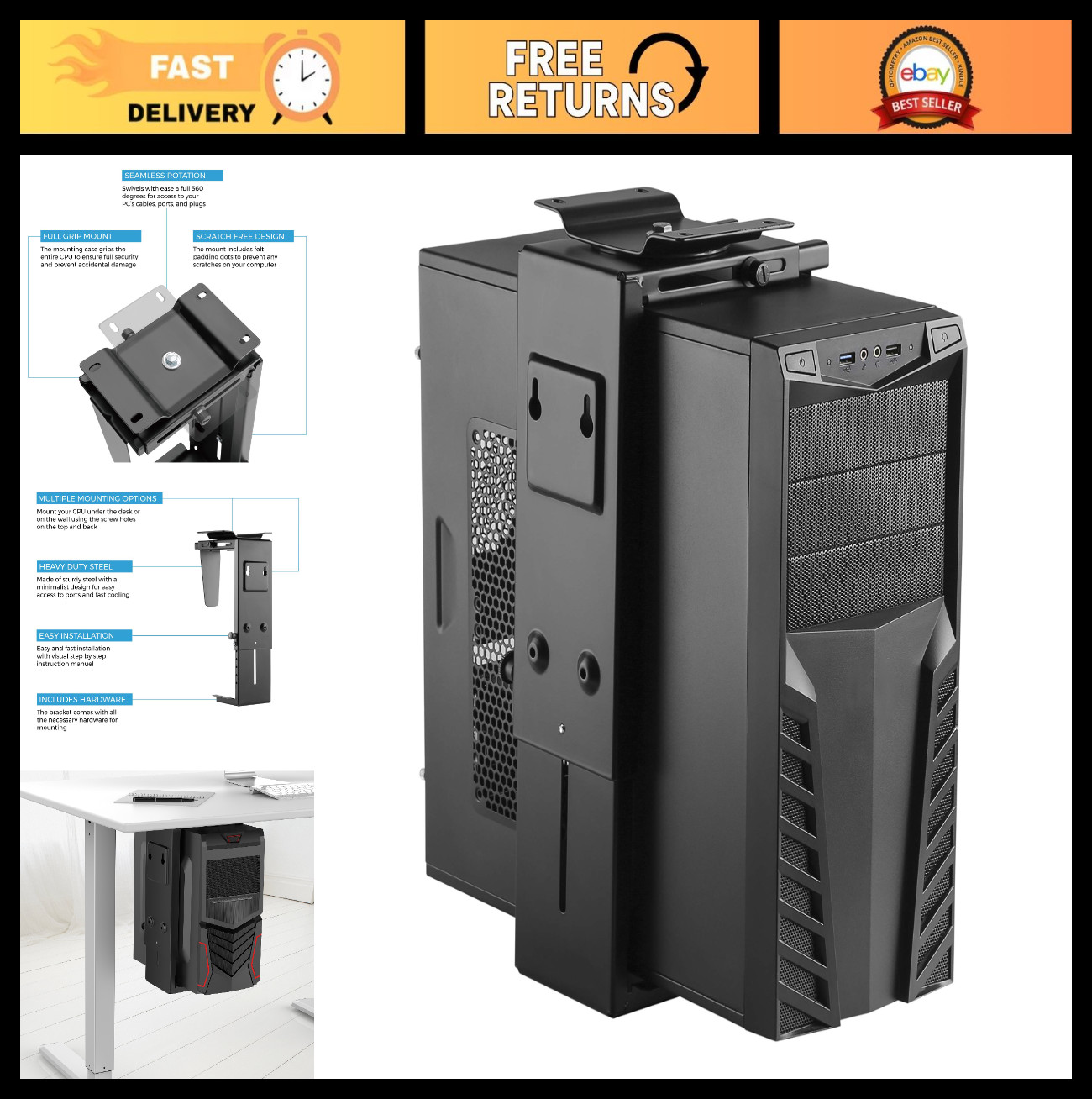 Adjustable Under Desk & Wall Mount CPU Holder, Fits Most PC Cases, 360° Swivel,